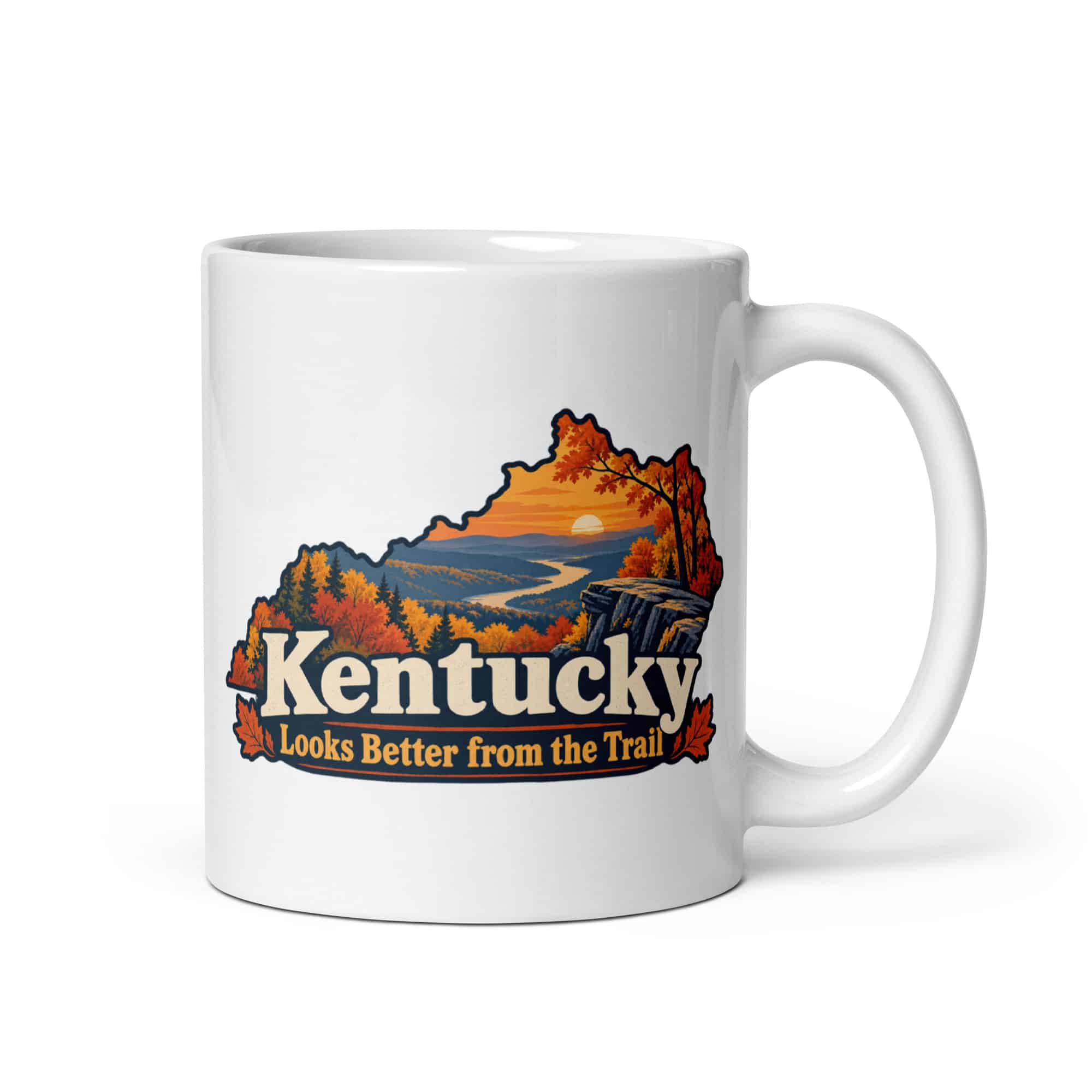 Kentucky White Ceramic Coffee Mug: Autumn woodland, Colorful Kentucky Silhouette