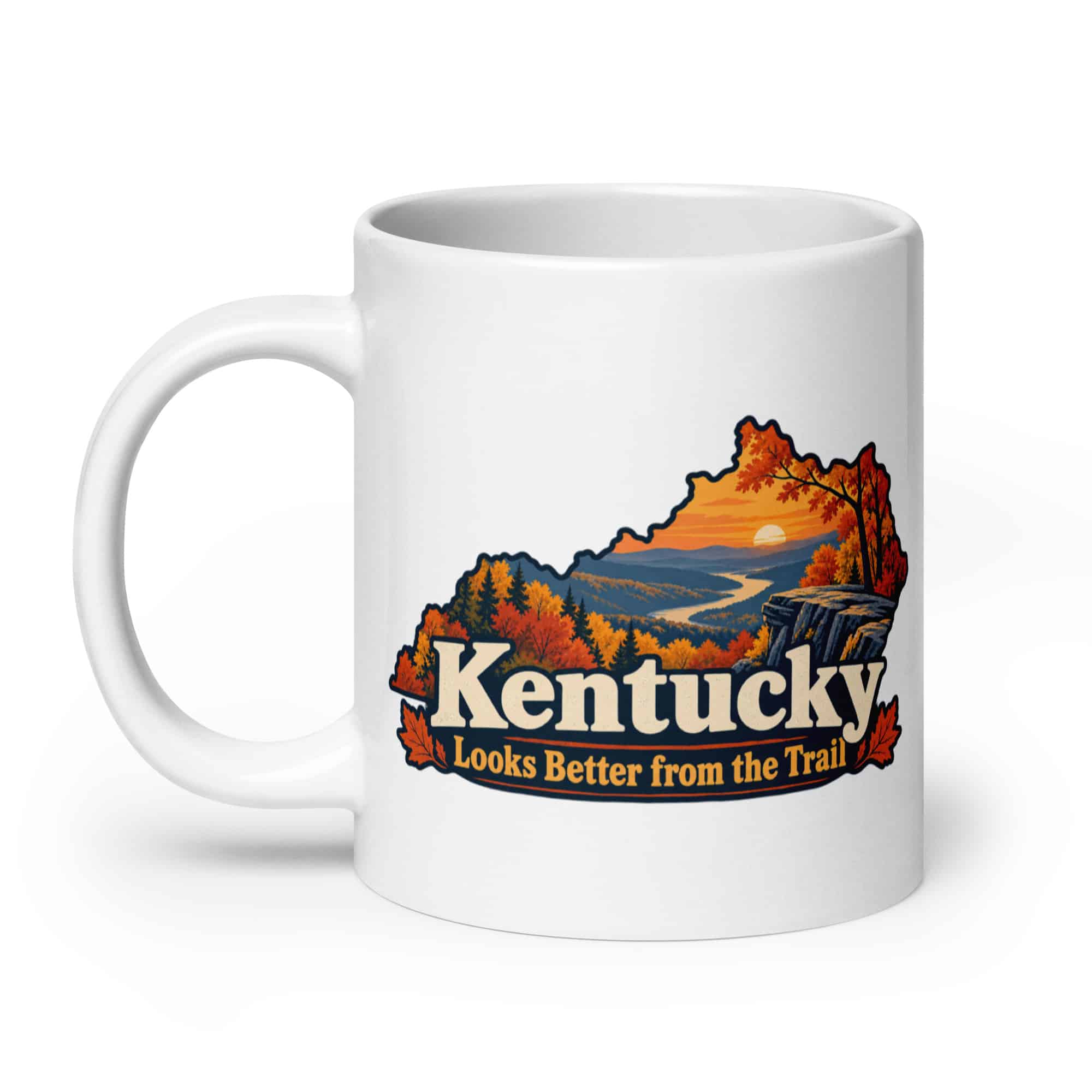 Kentucky White Ceramic Coffee Mug: Autumn woodland, Colorful Kentucky Silhouette