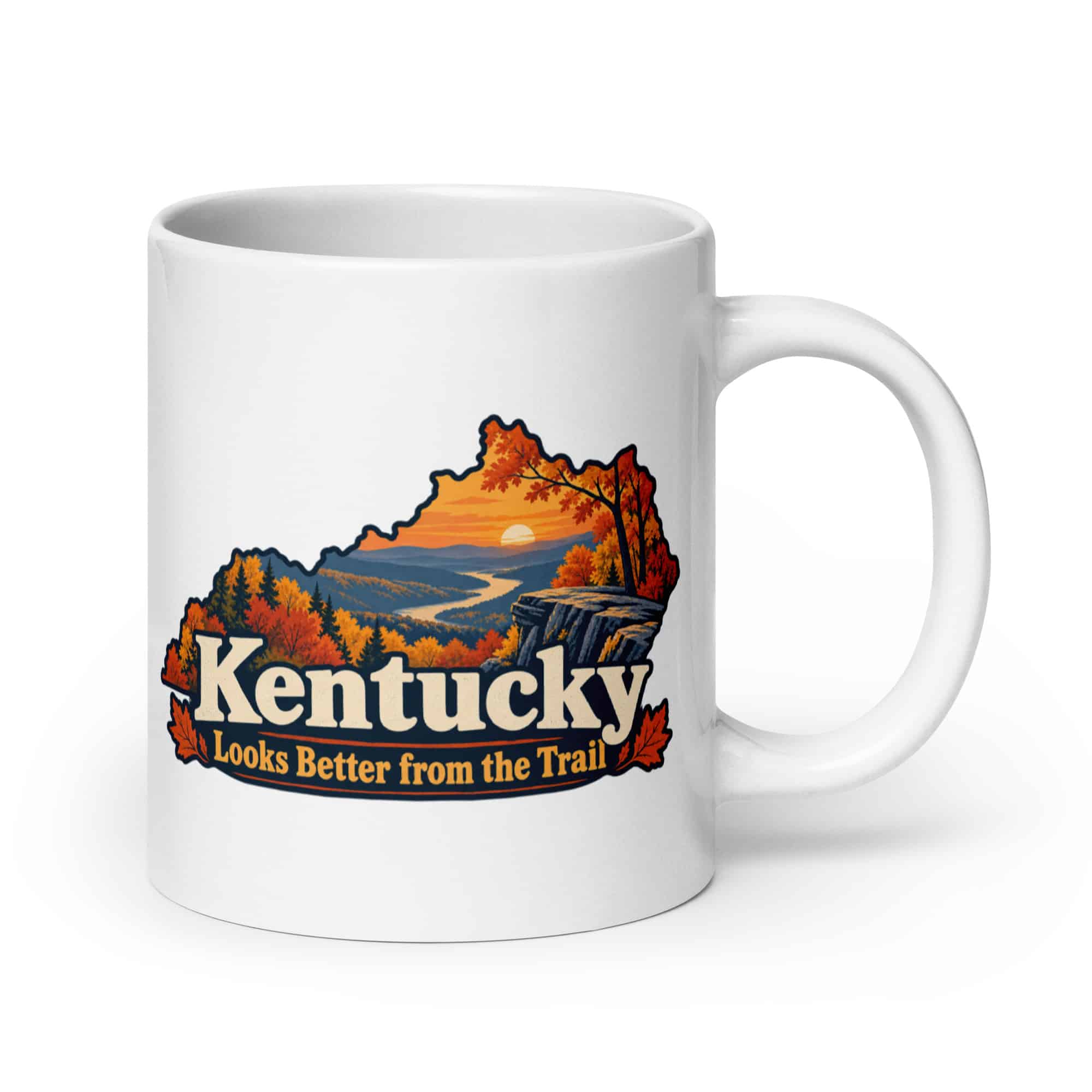 Kentucky White Ceramic Coffee Mug: Autumn woodland, Colorful Kentucky Silhouette