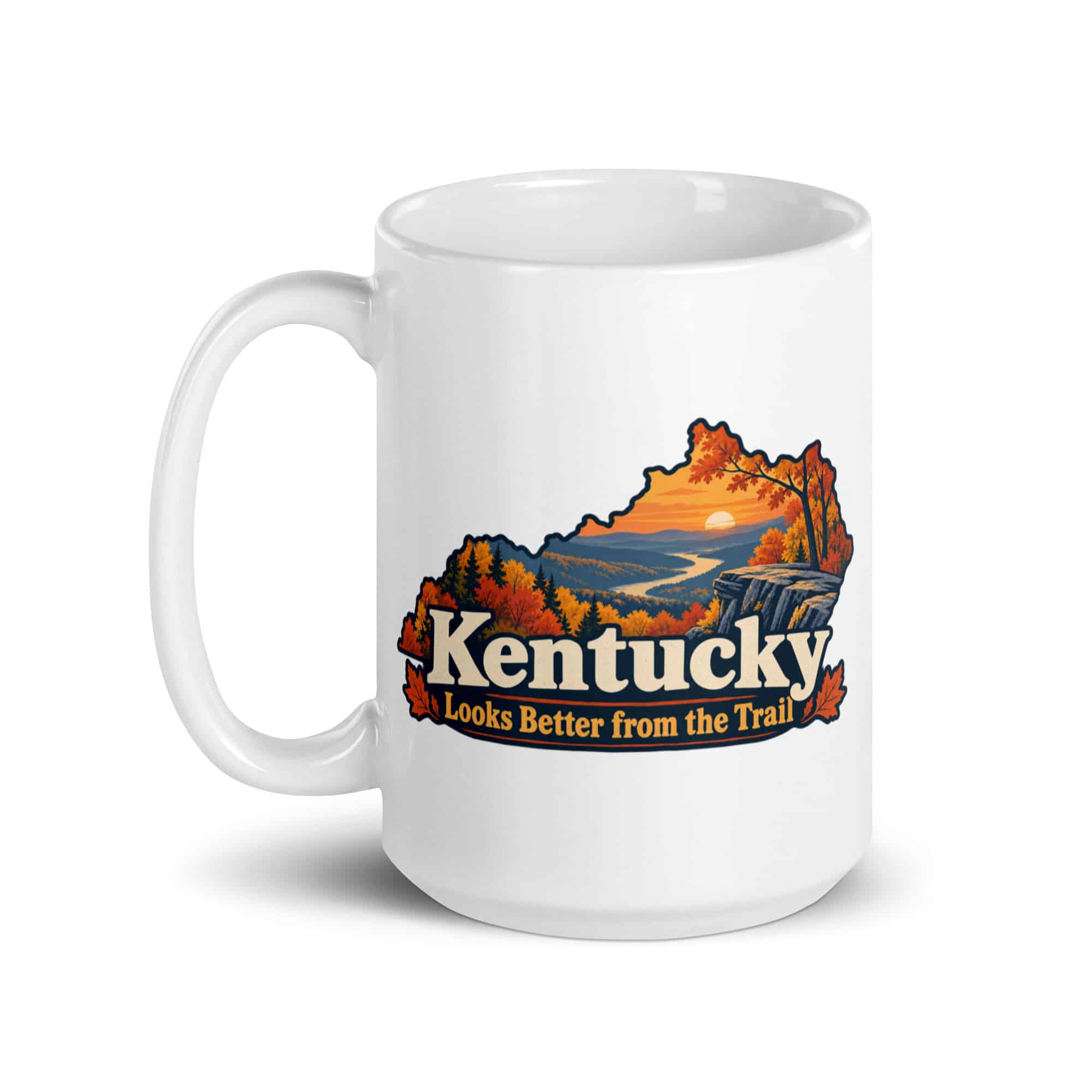 Kentucky White Ceramic Coffee Mug: Autumn woodland, Colorful Kentucky Silhouette