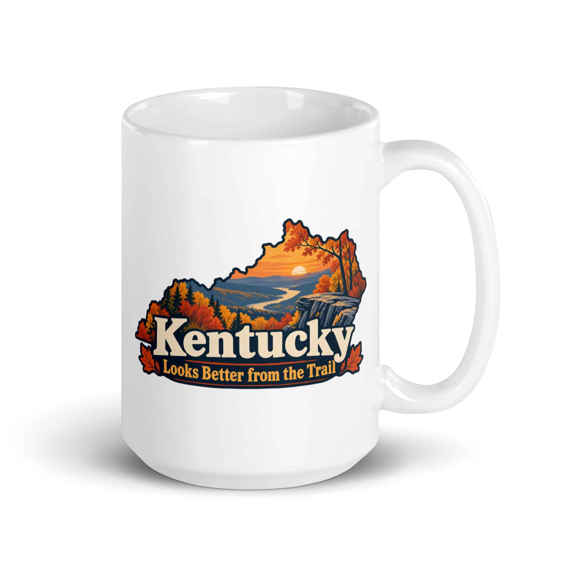 Kentucky White Ceramic Coffee Mug: Autumn woodland, Colorful Kentucky Silhouette