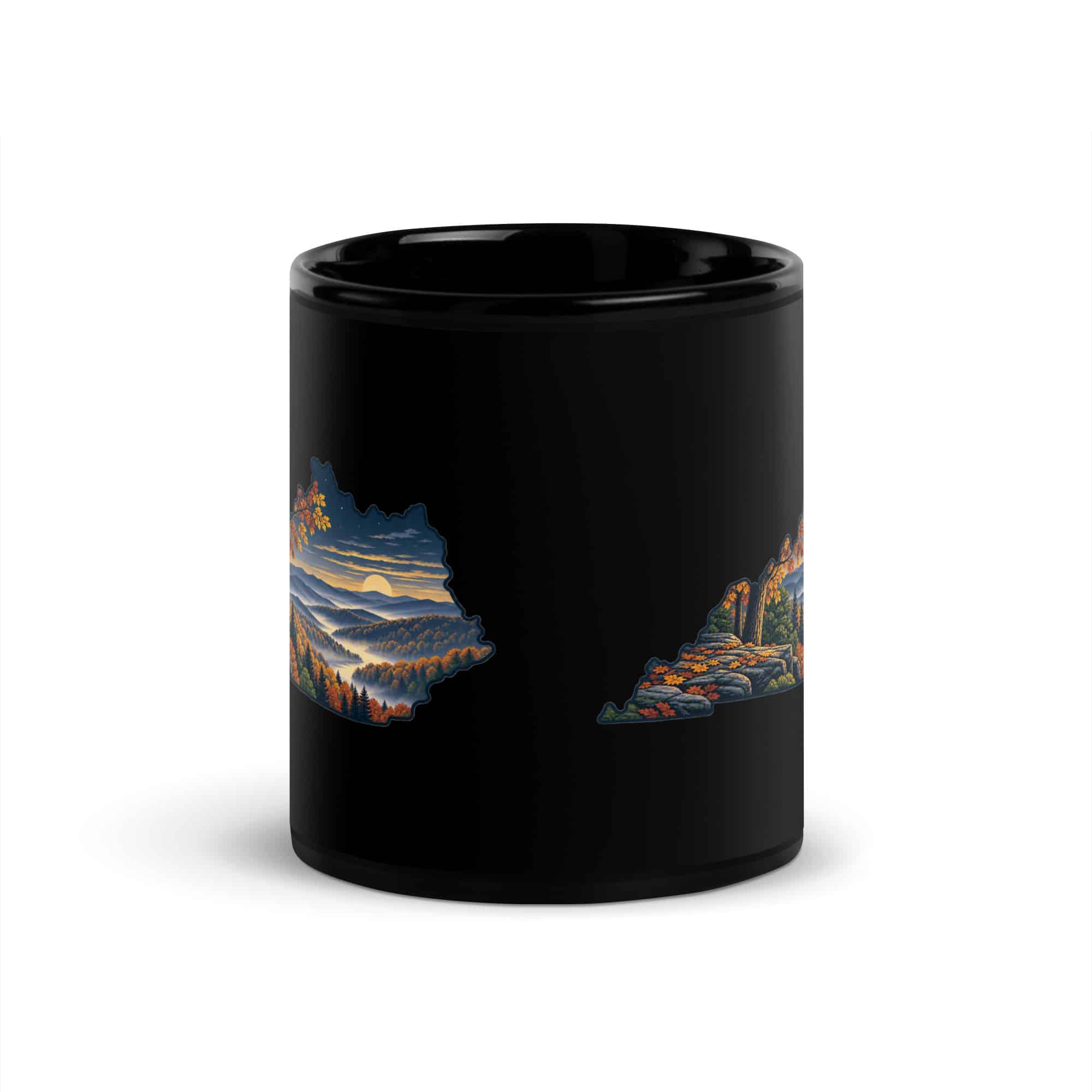 Kentucky Black Coffee Mug: Autumn woodland, Illustrated Kentucky Silhouette