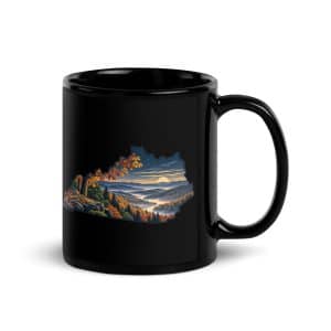 Kentucky Black Coffee Mug: Autumn woodland, Illustrated Kentucky Silhouette - 11 oz - Handle on Right