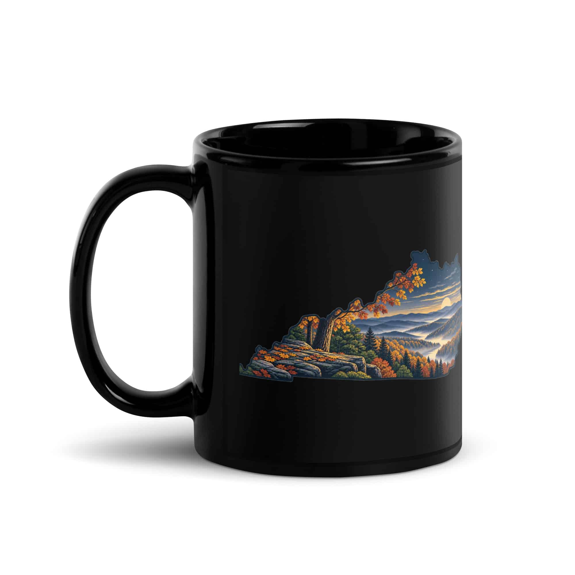 Kentucky Black Coffee Mug: Autumn woodland, Illustrated Kentucky Silhouette
