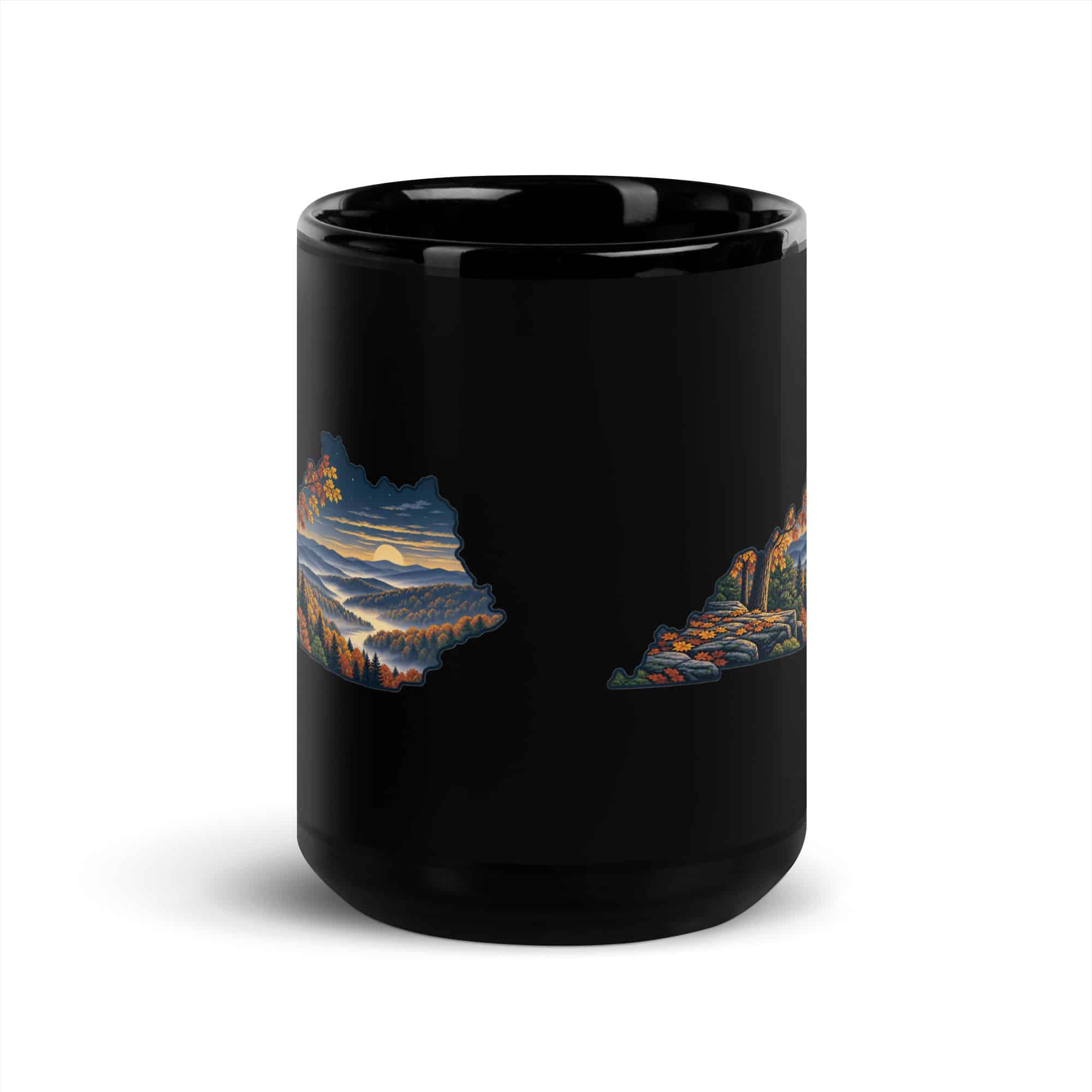 Kentucky Black Coffee Mug: Autumn woodland, Illustrated Kentucky Silhouette