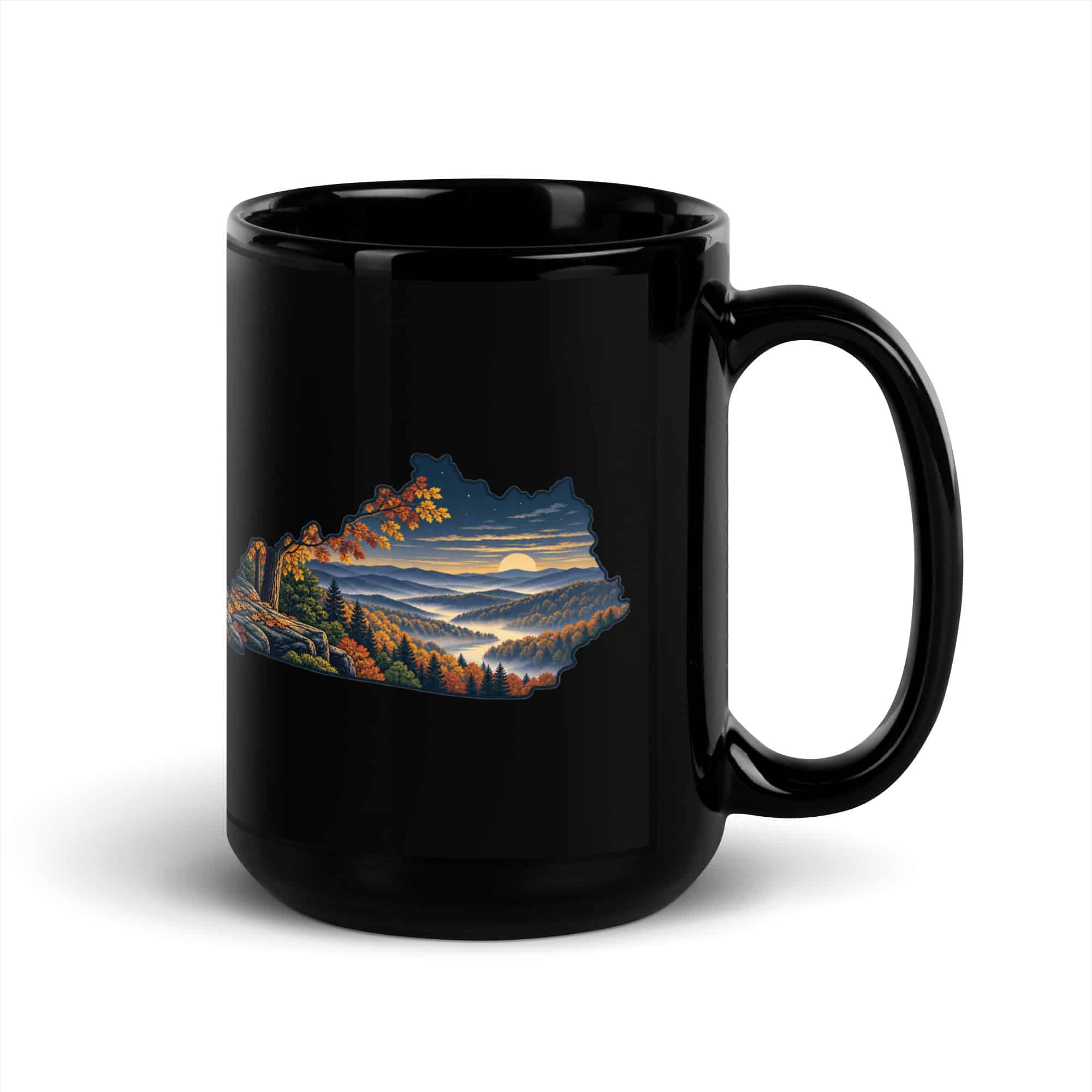 Kentucky Black Coffee Mug: Autumn woodland, Illustrated Kentucky Silhouette