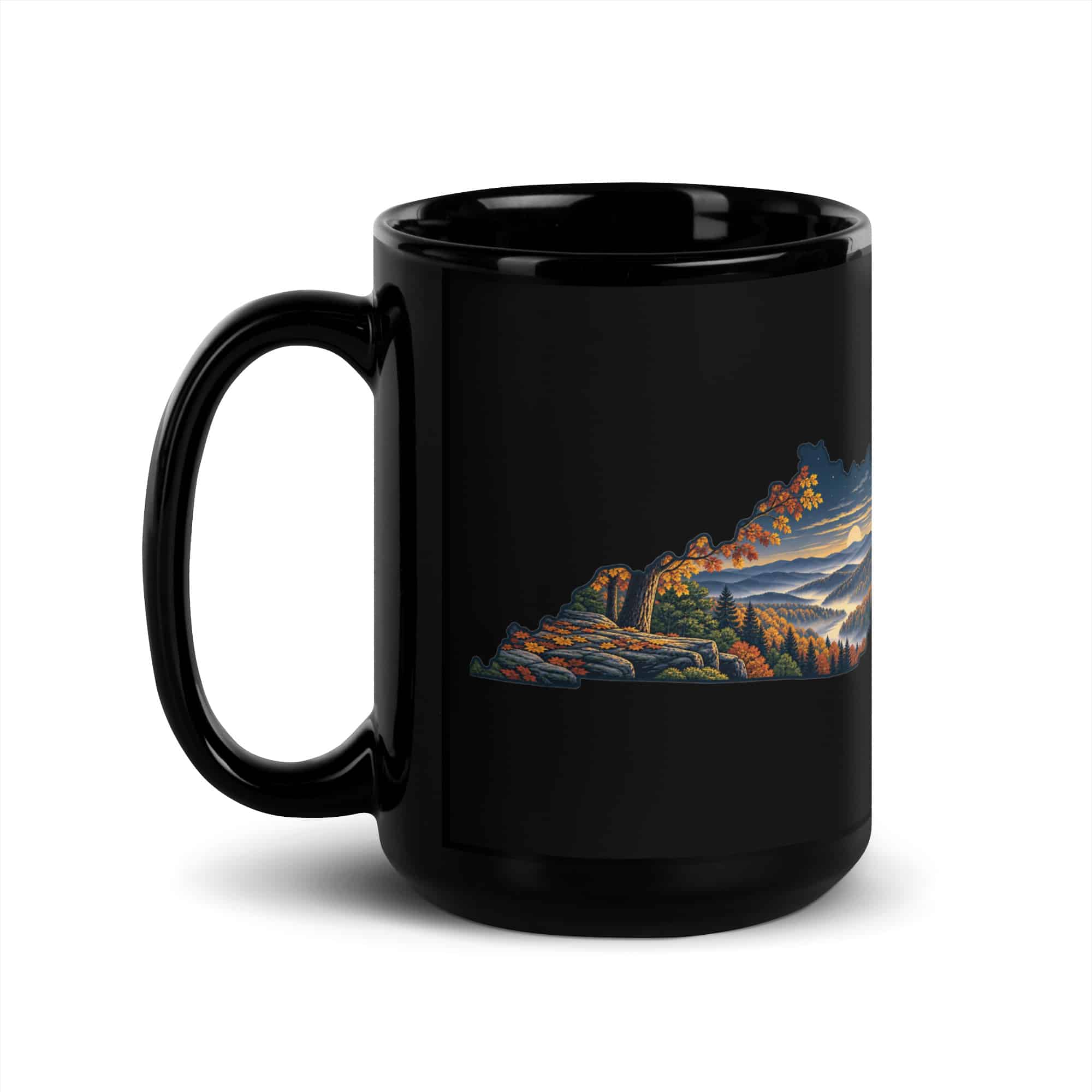 Kentucky Black Coffee Mug: Autumn woodland, Illustrated Kentucky Silhouette