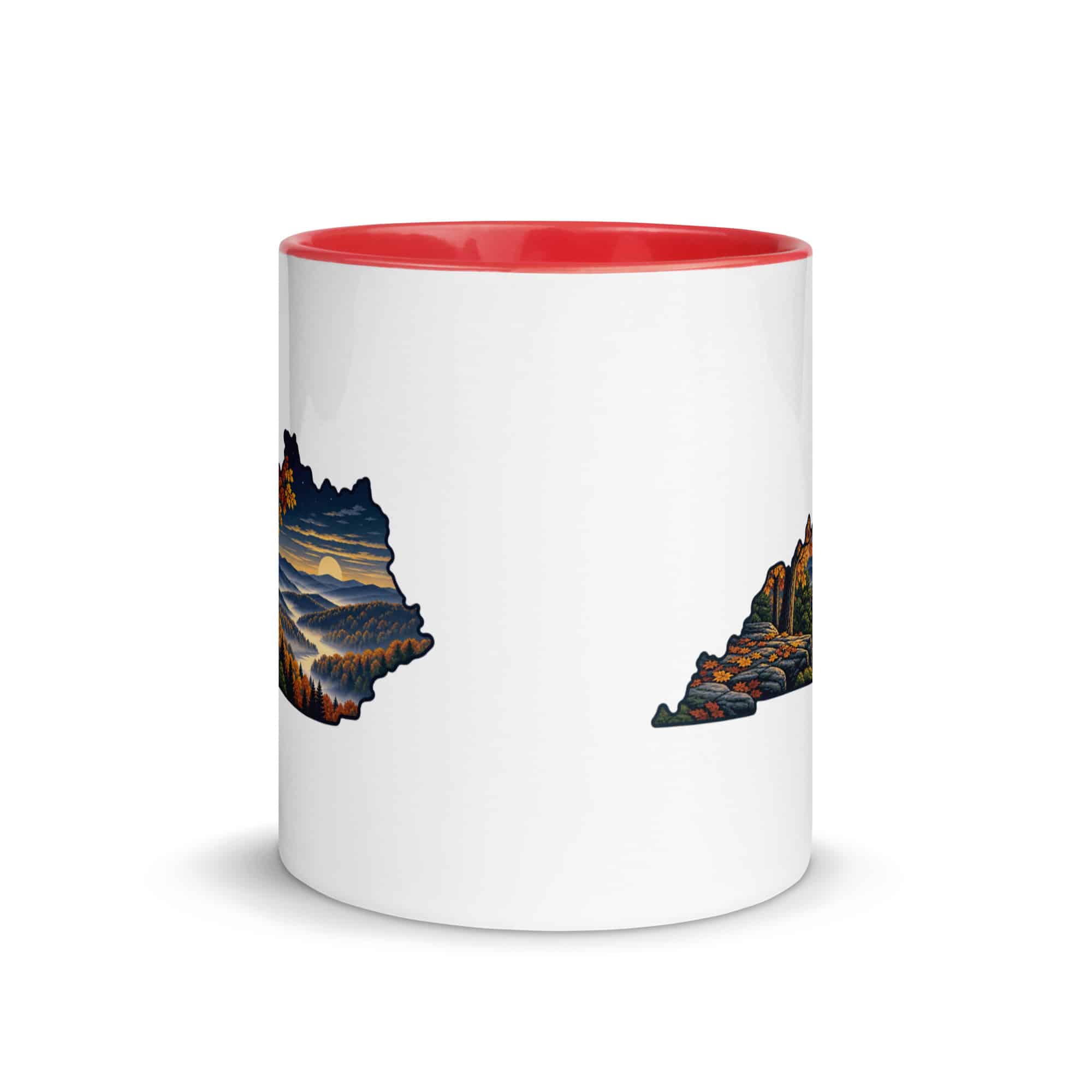 Kentucky Color Inside Coffee Mug: Autumn woodland, Illustrated Kentucky Silhouette