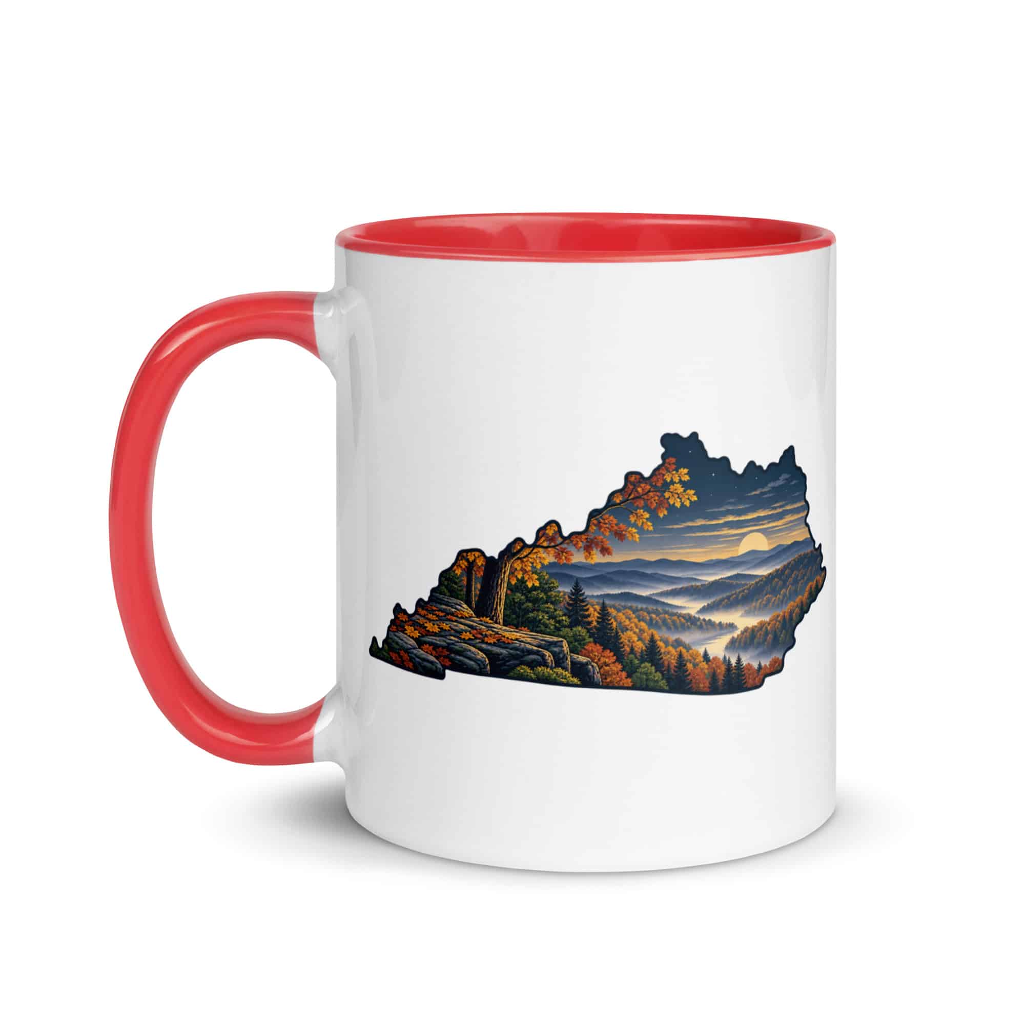 Kentucky Color Inside Coffee Mug: Autumn woodland, Illustrated Kentucky Silhouette