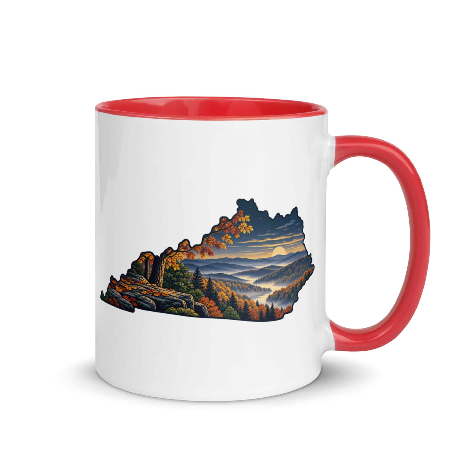 Kentucky Color Inside Coffee Mug: Autumn woodland, Illustrated Kentucky Silhouette