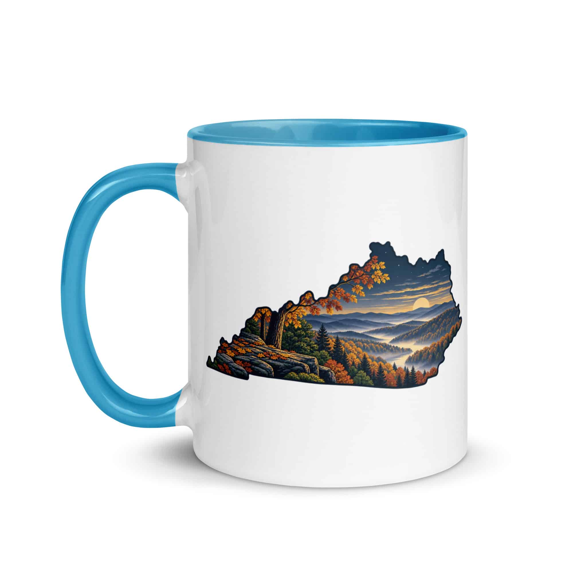 Kentucky Color Inside Coffee Mug: Autumn woodland, Illustrated Kentucky Silhouette