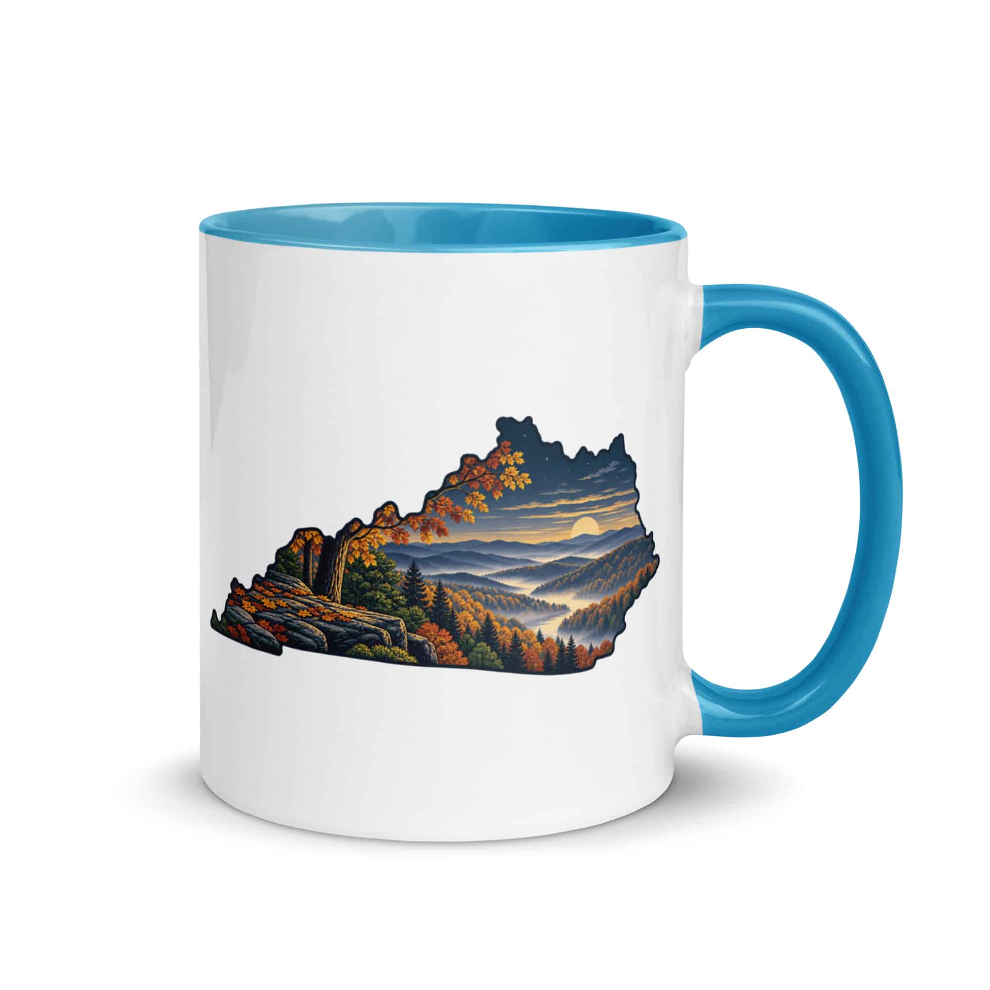 Kentucky Color Inside Coffee Mug: Autumn woodland, Illustrated Kentucky Silhouette