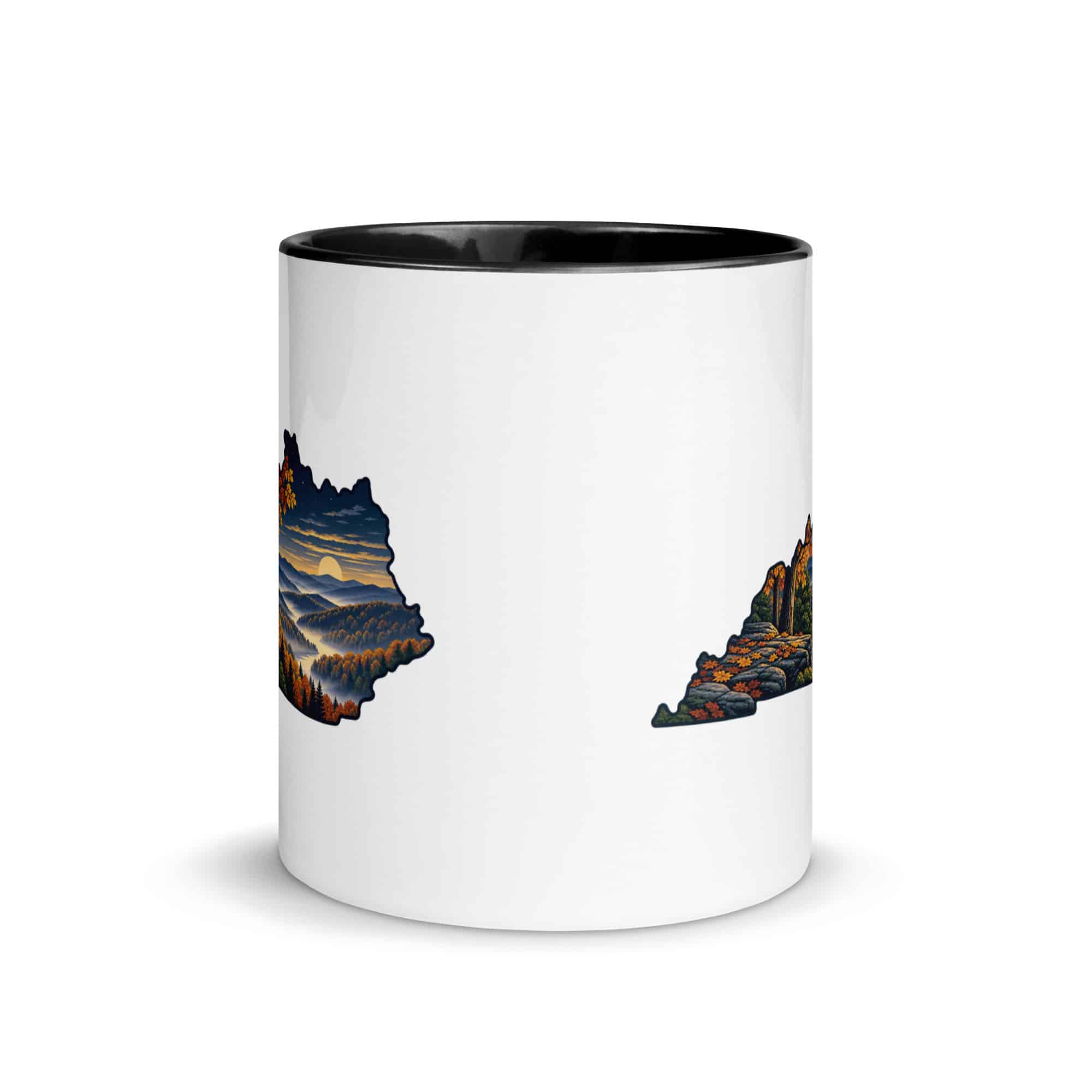 Kentucky Color Inside Coffee Mug: Autumn woodland, Illustrated Kentucky Silhouette