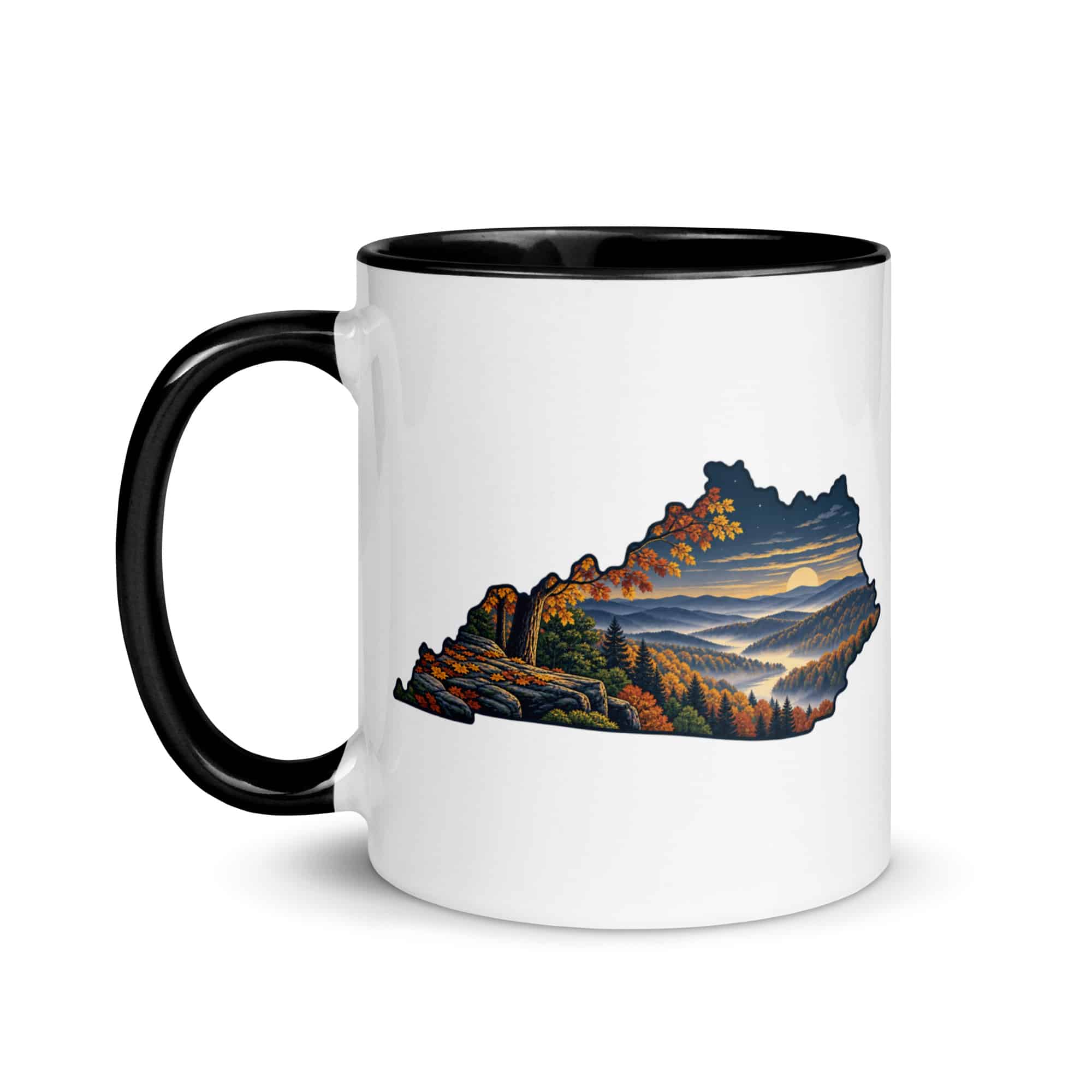 Kentucky Color Inside Coffee Mug: Autumn woodland, Illustrated Kentucky Silhouette