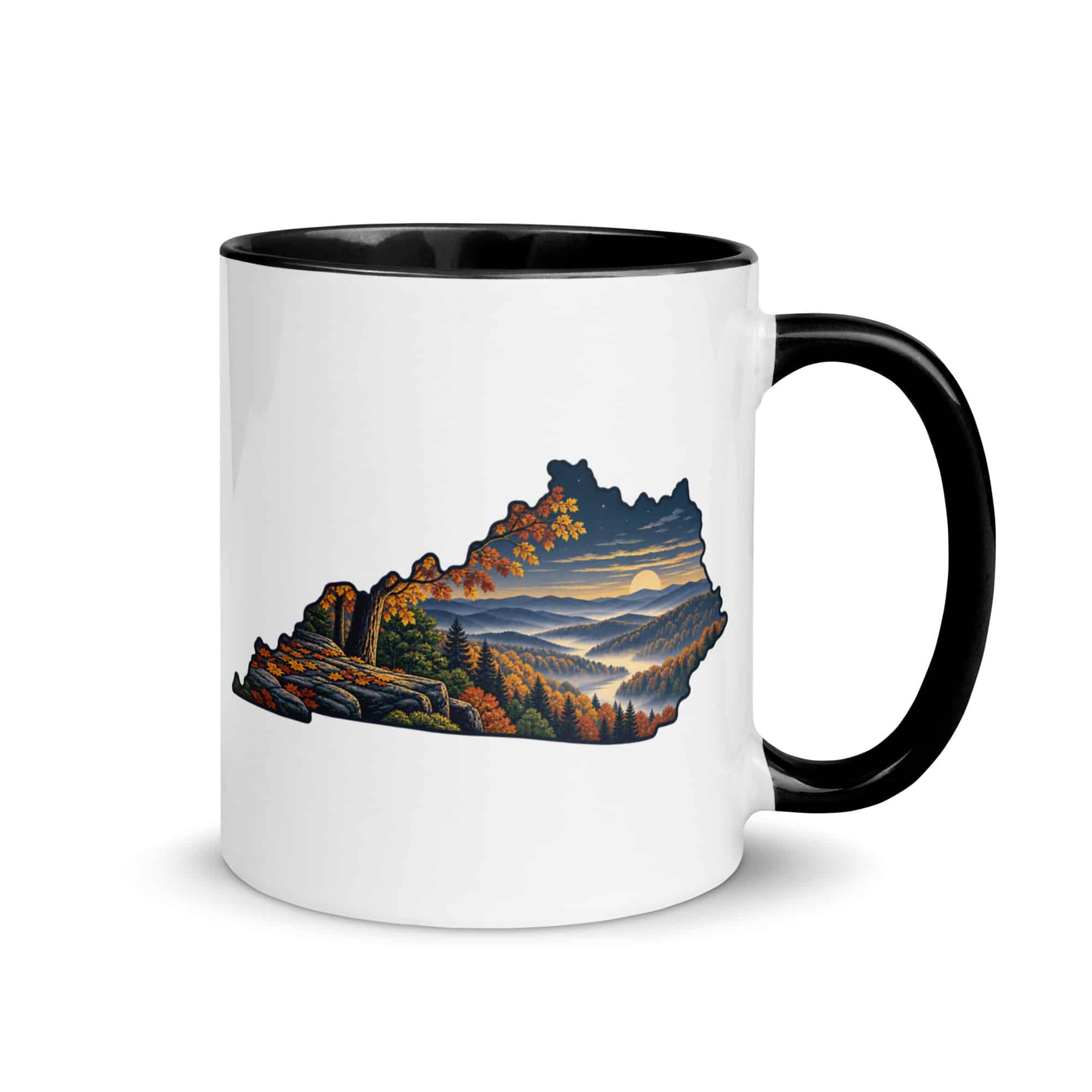 Kentucky Color Inside Coffee Mug: Autumn woodland, Illustrated Kentucky Silhouette