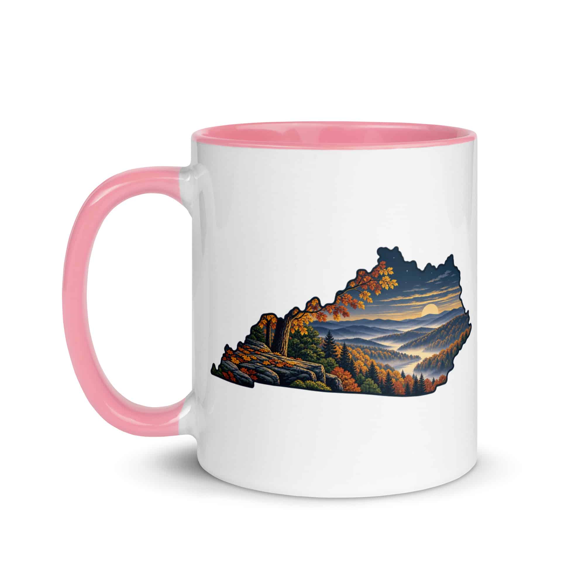 Kentucky Color Inside Coffee Mug: Autumn woodland, Illustrated Kentucky Silhouette