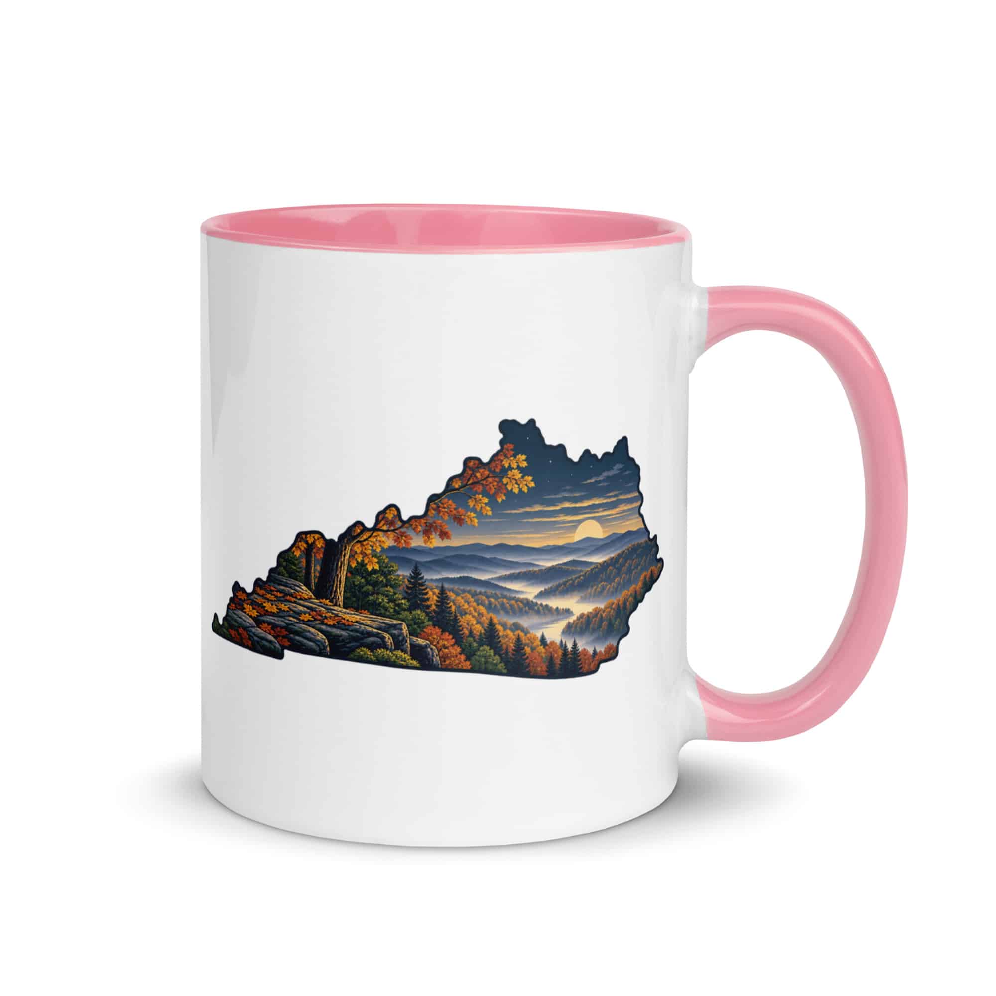 Kentucky Color Inside Coffee Mug: Autumn woodland, Illustrated Kentucky Silhouette