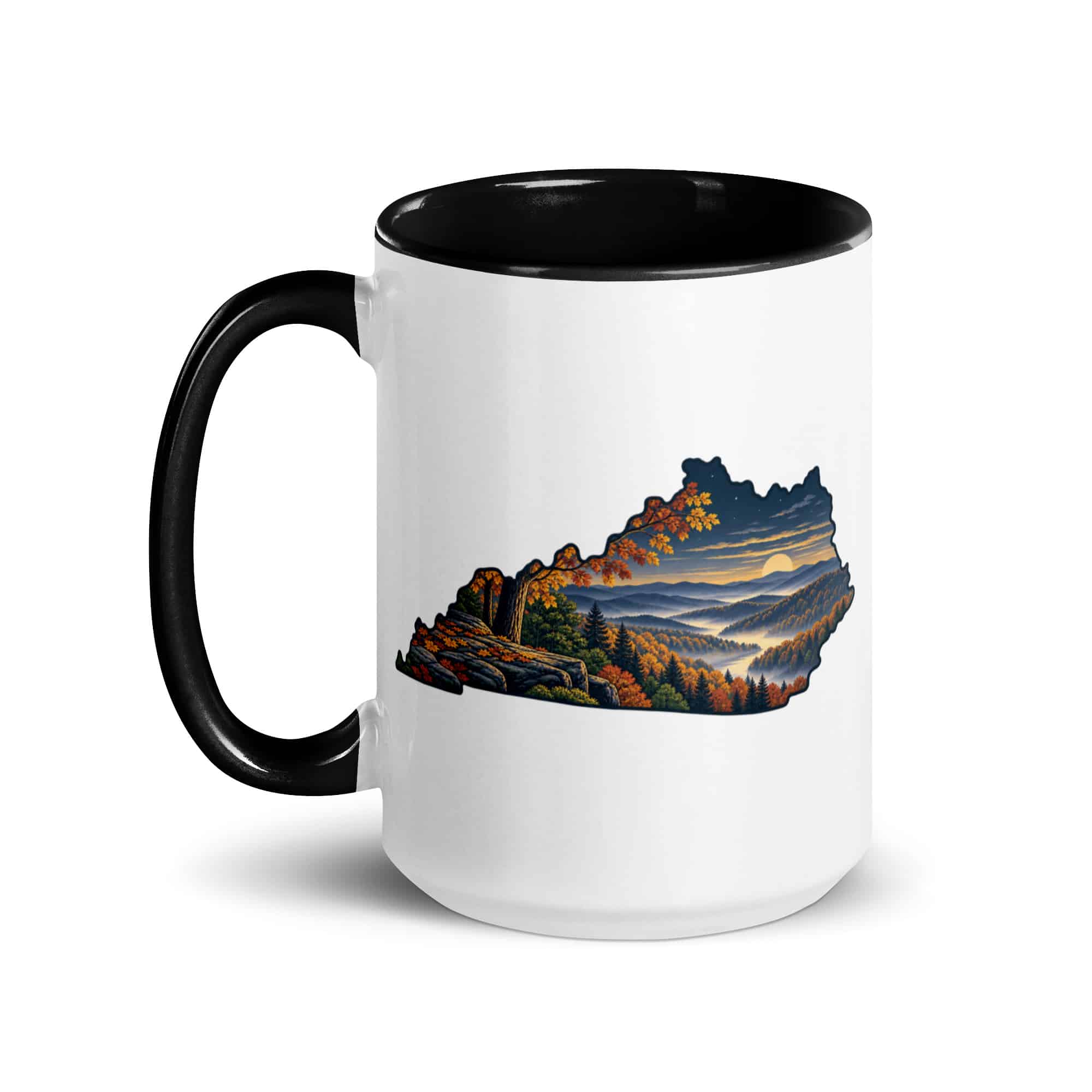 Kentucky Color Inside Coffee Mug: Autumn woodland, Illustrated Kentucky Silhouette