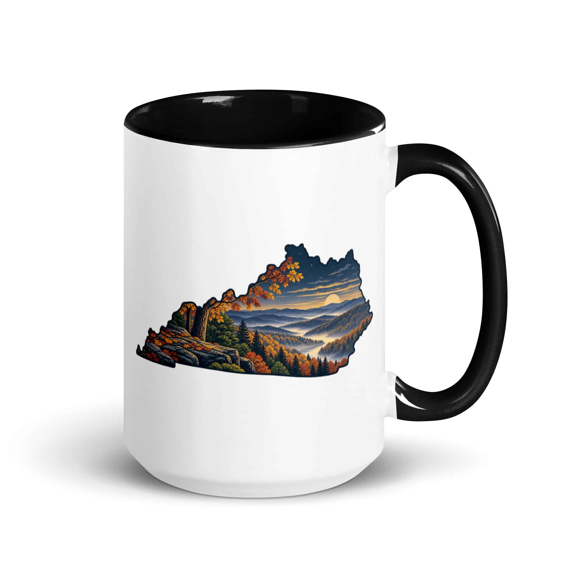 Kentucky Color Inside Coffee Mug: Autumn woodland, Illustrated Kentucky Silhouette