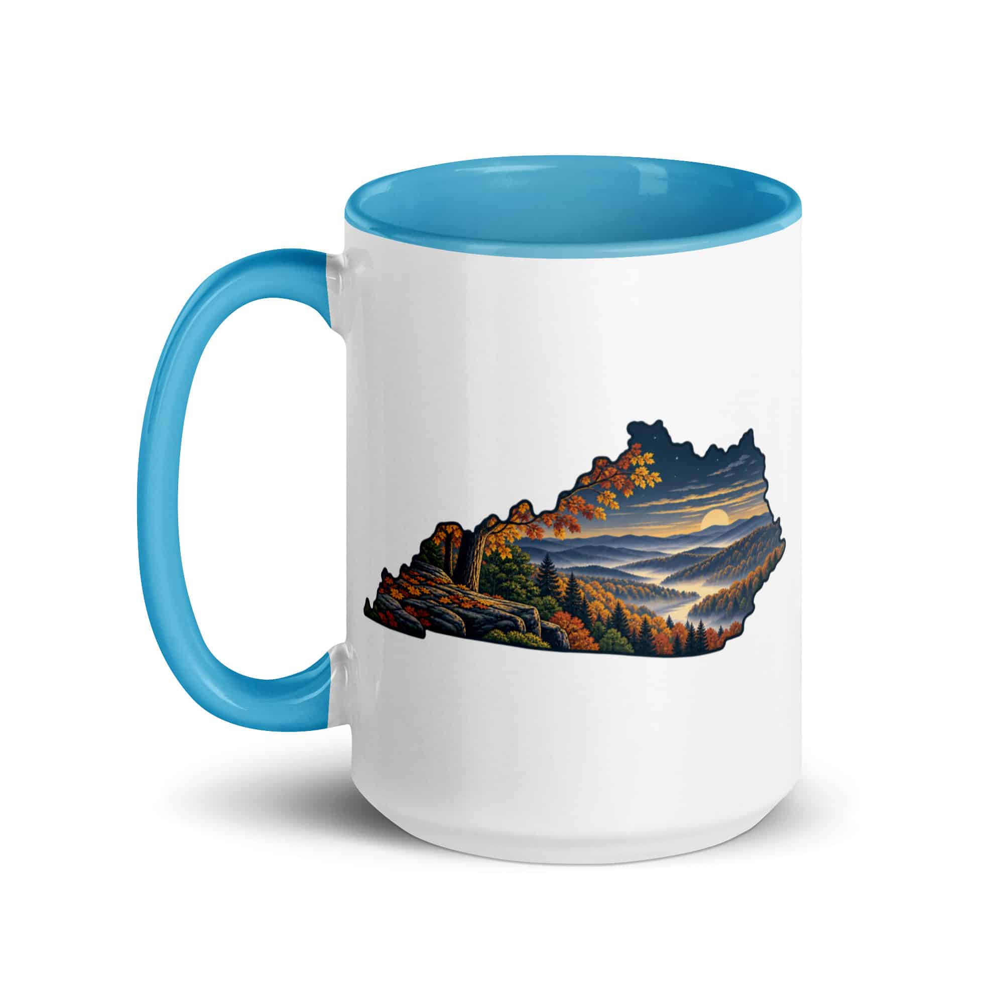 Kentucky Color Inside Coffee Mug: Autumn woodland, Illustrated Kentucky Silhouette