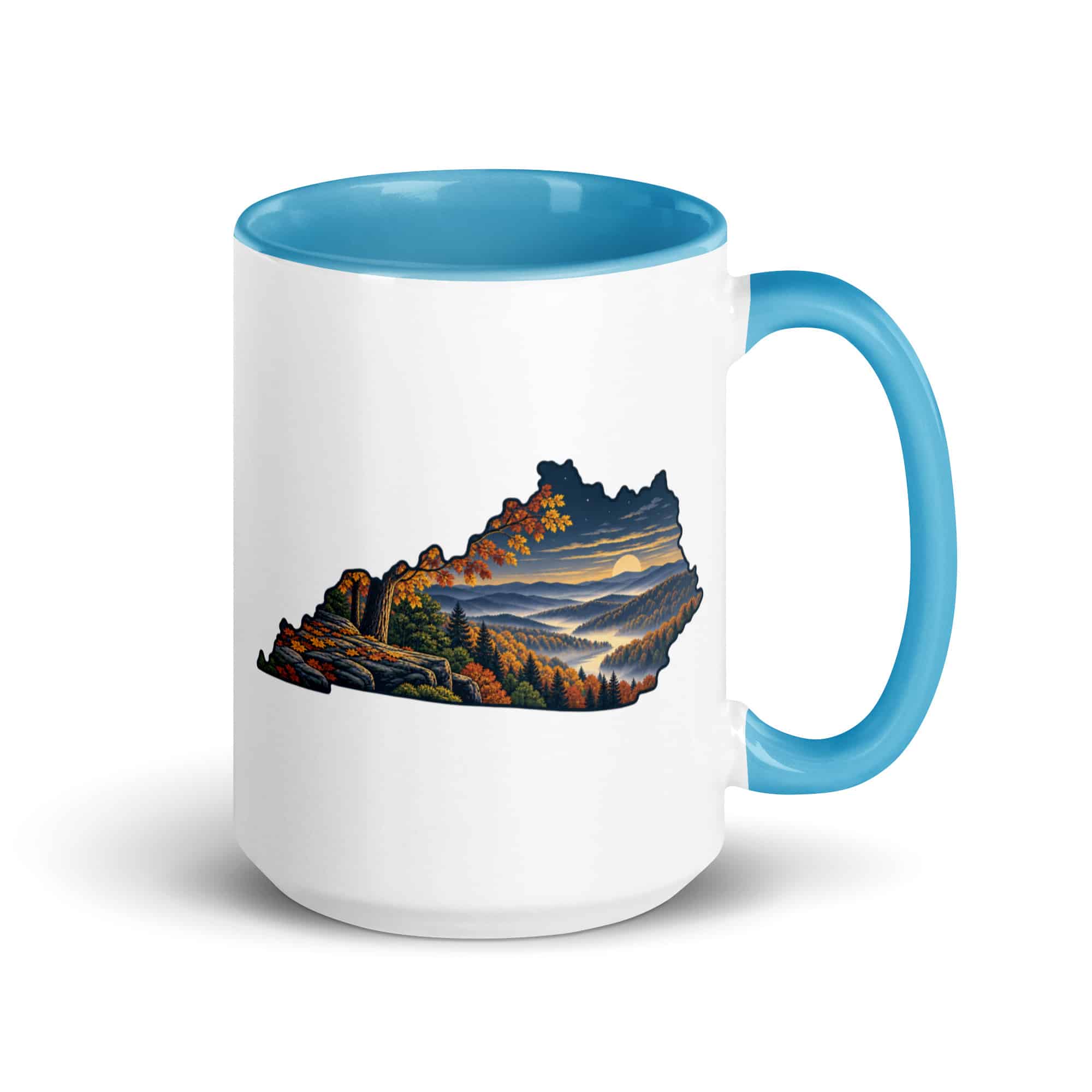 Kentucky Color Inside Coffee Mug: Autumn woodland, Illustrated Kentucky Silhouette