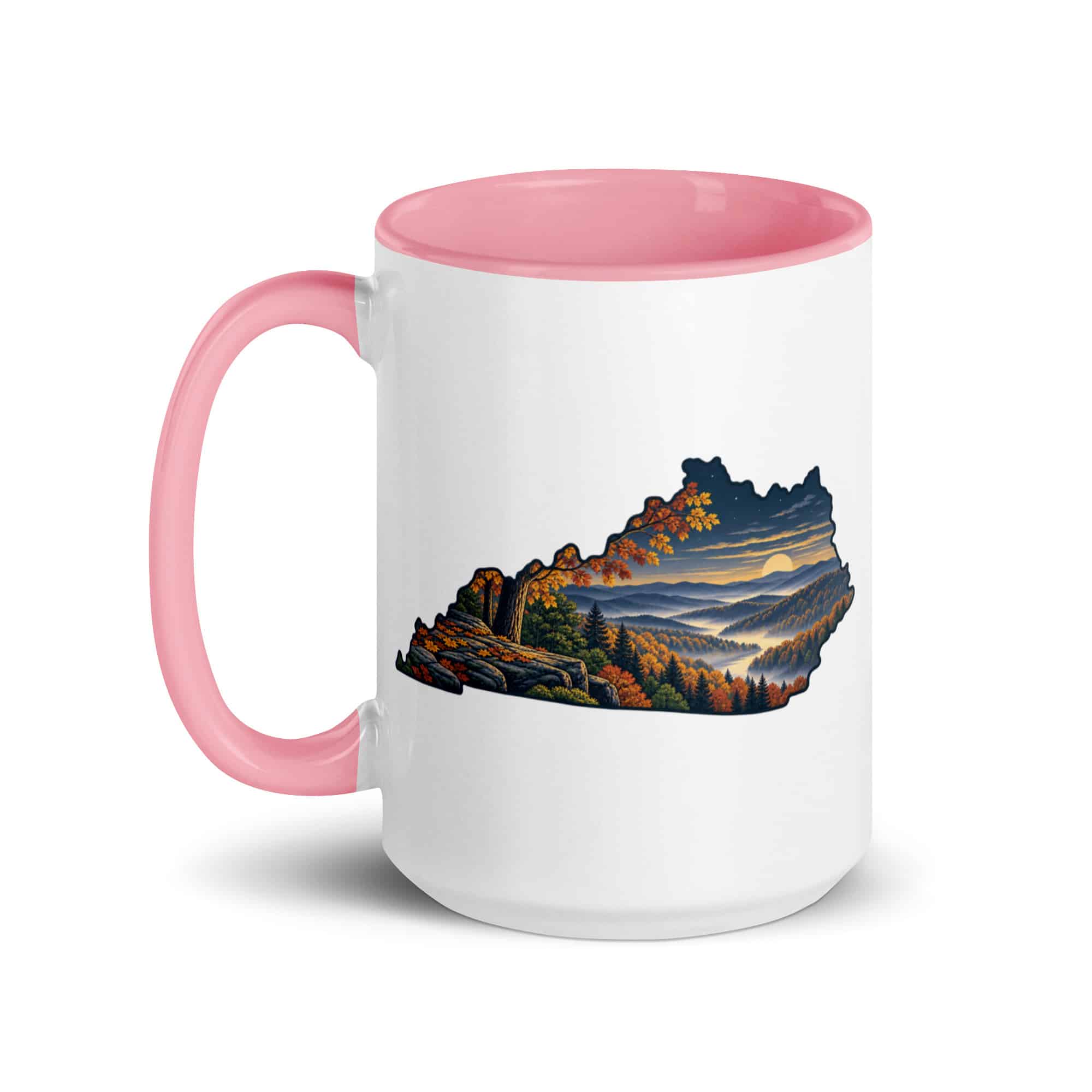 Kentucky Color Inside Coffee Mug: Autumn woodland, Illustrated Kentucky Silhouette