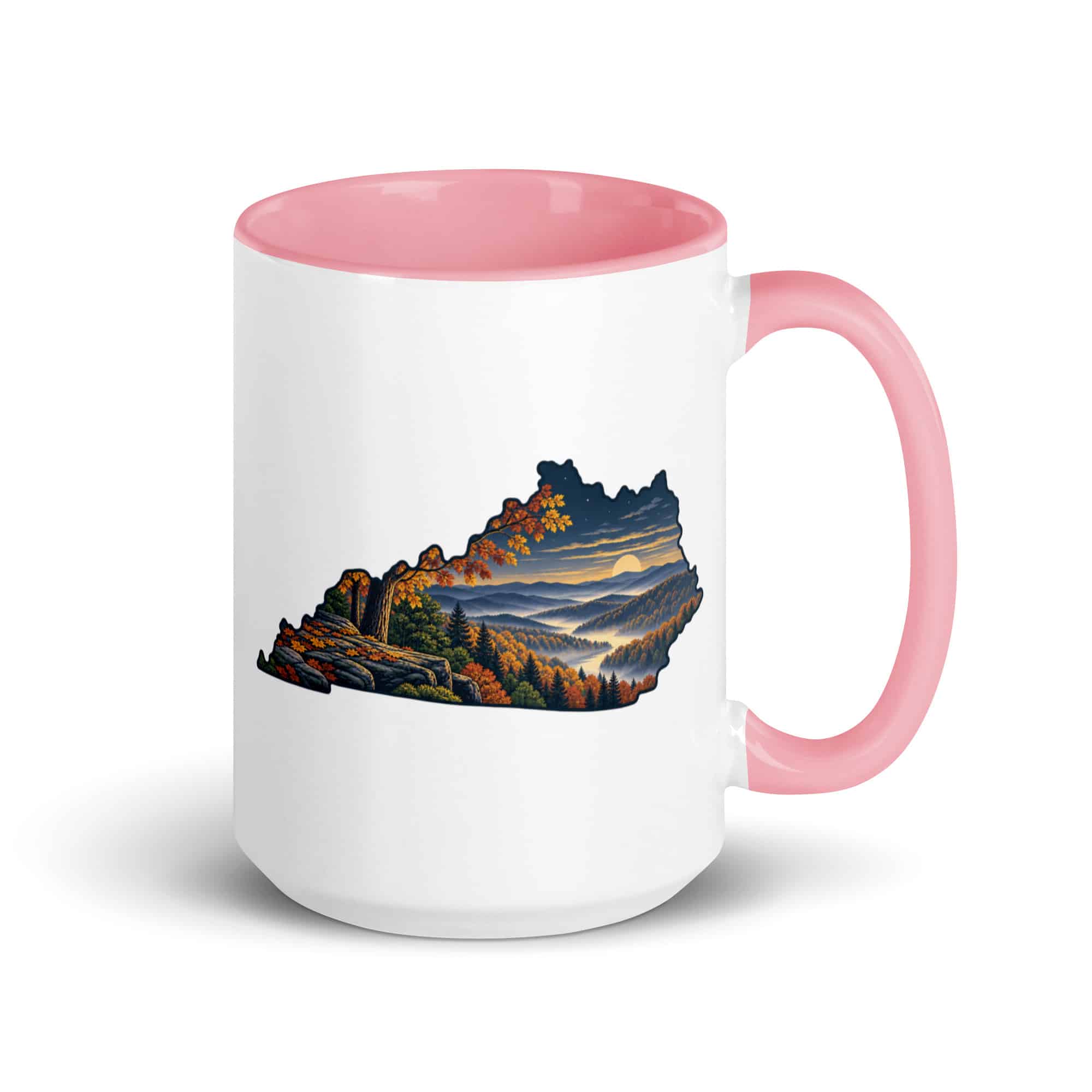 Kentucky Color Inside Coffee Mug: Autumn woodland, Illustrated Kentucky Silhouette
