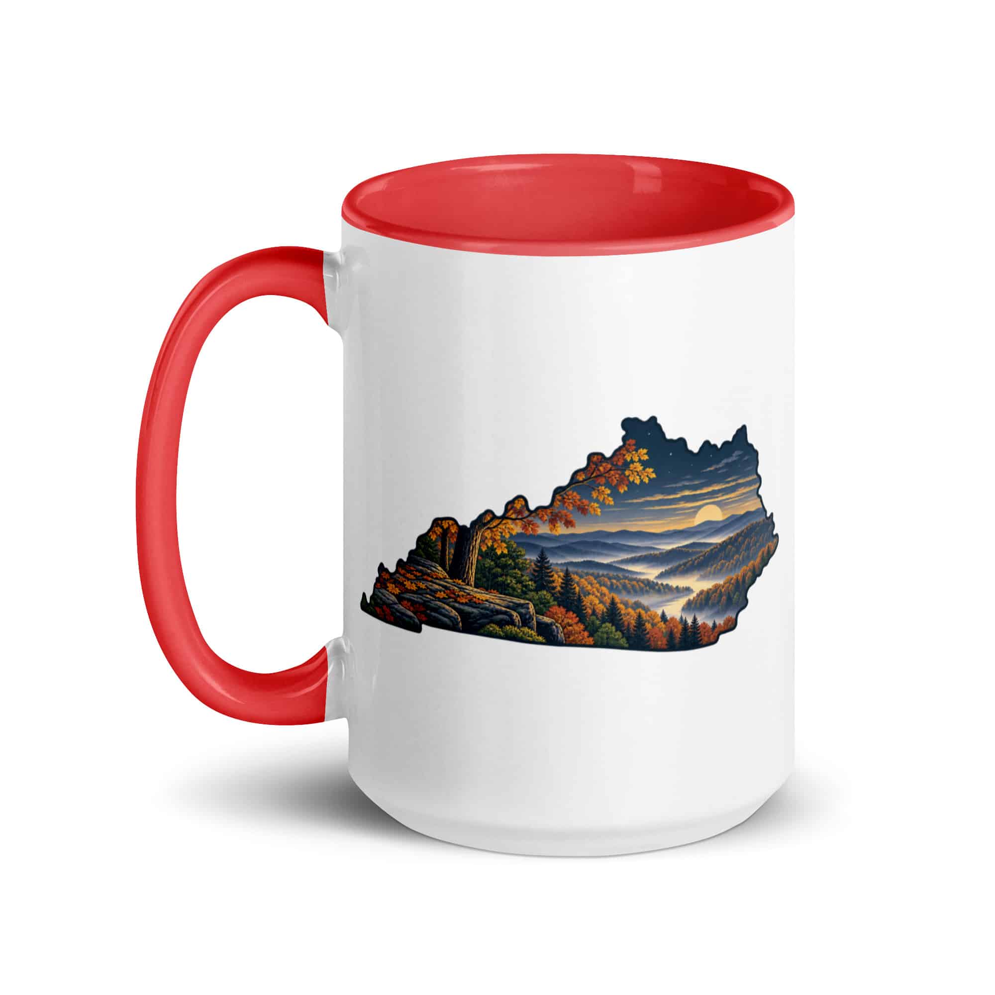 Kentucky Color Inside Coffee Mug: Autumn woodland, Illustrated Kentucky Silhouette