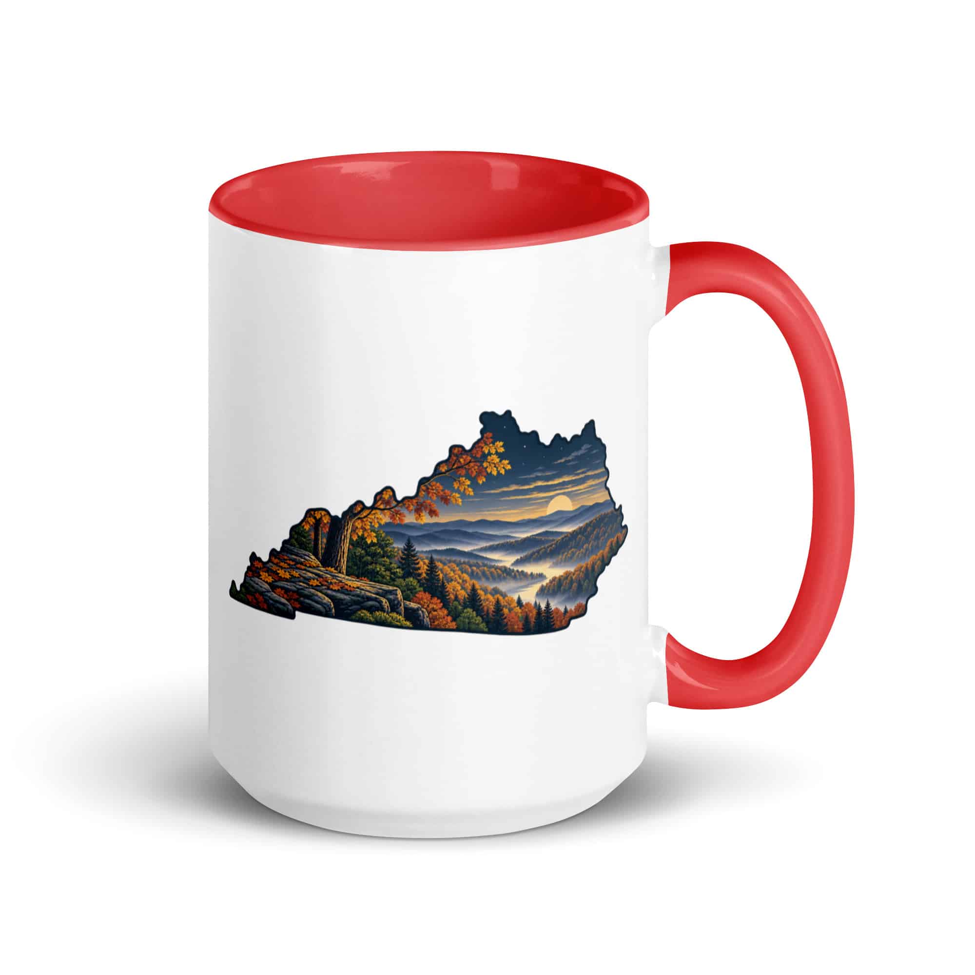 Kentucky Color Inside Coffee Mug: Autumn woodland, Illustrated Kentucky Silhouette