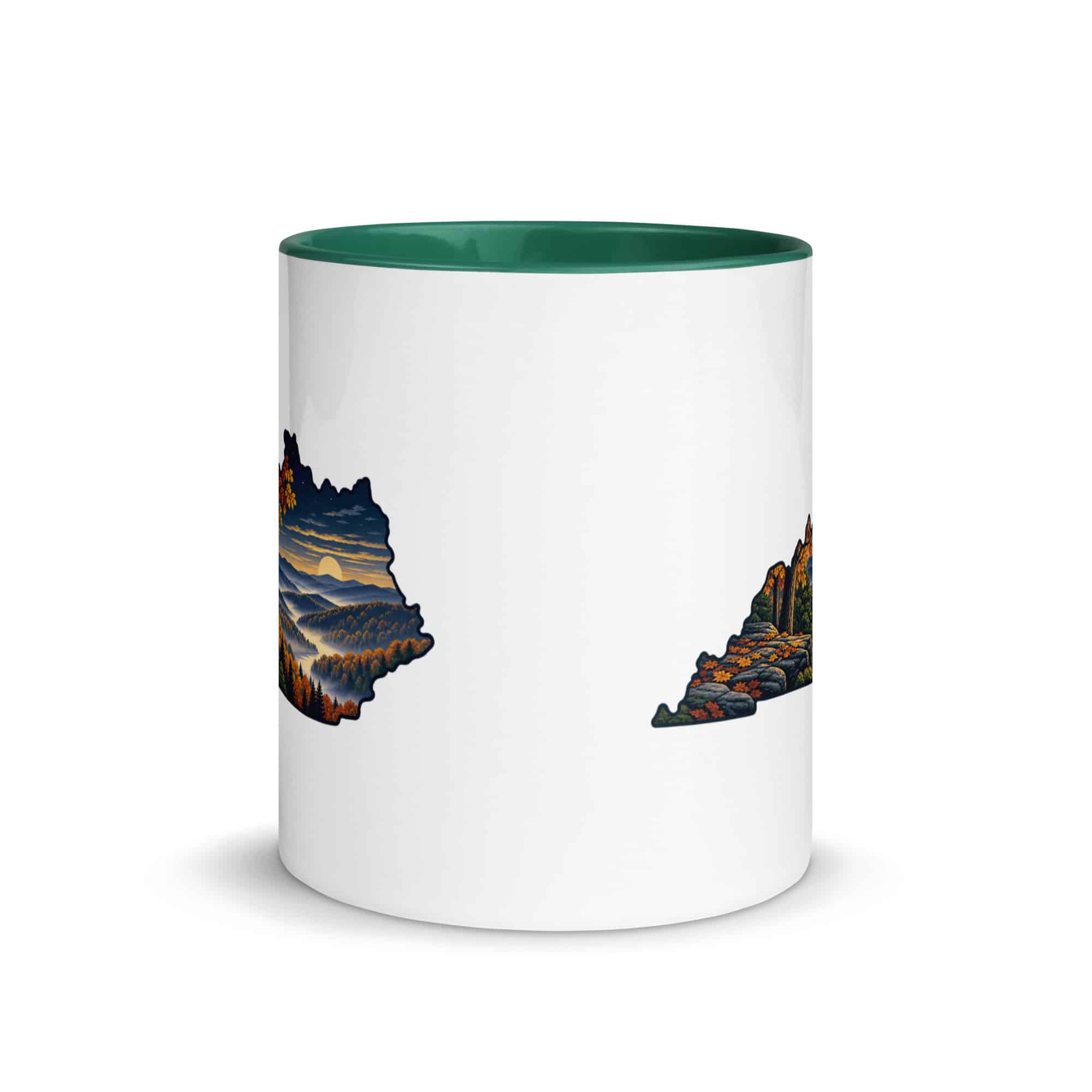 Kentucky Color Inside Coffee Mug: Autumn woodland, Illustrated Kentucky Silhouette