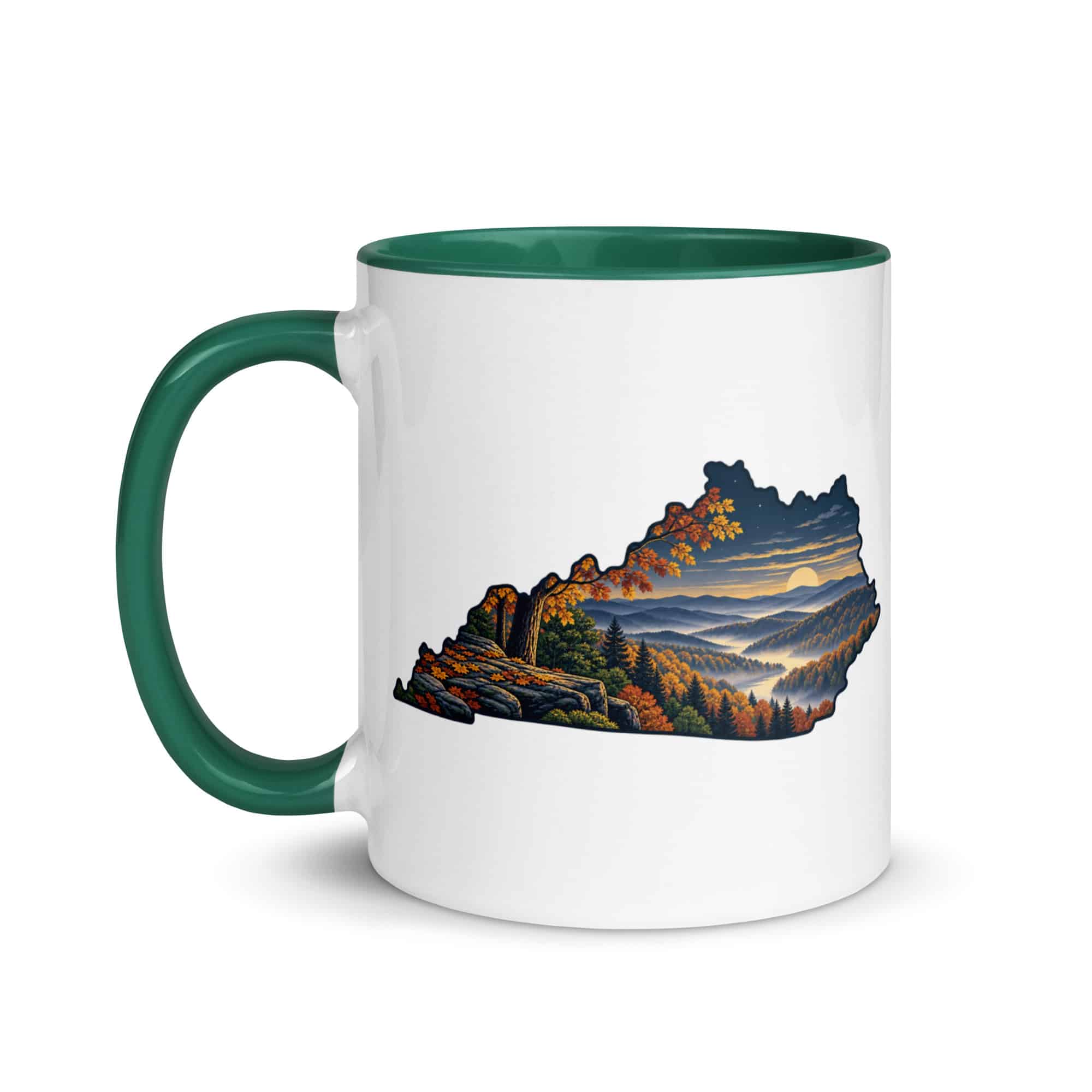 Kentucky Color Inside Coffee Mug: Autumn woodland, Illustrated Kentucky Silhouette
