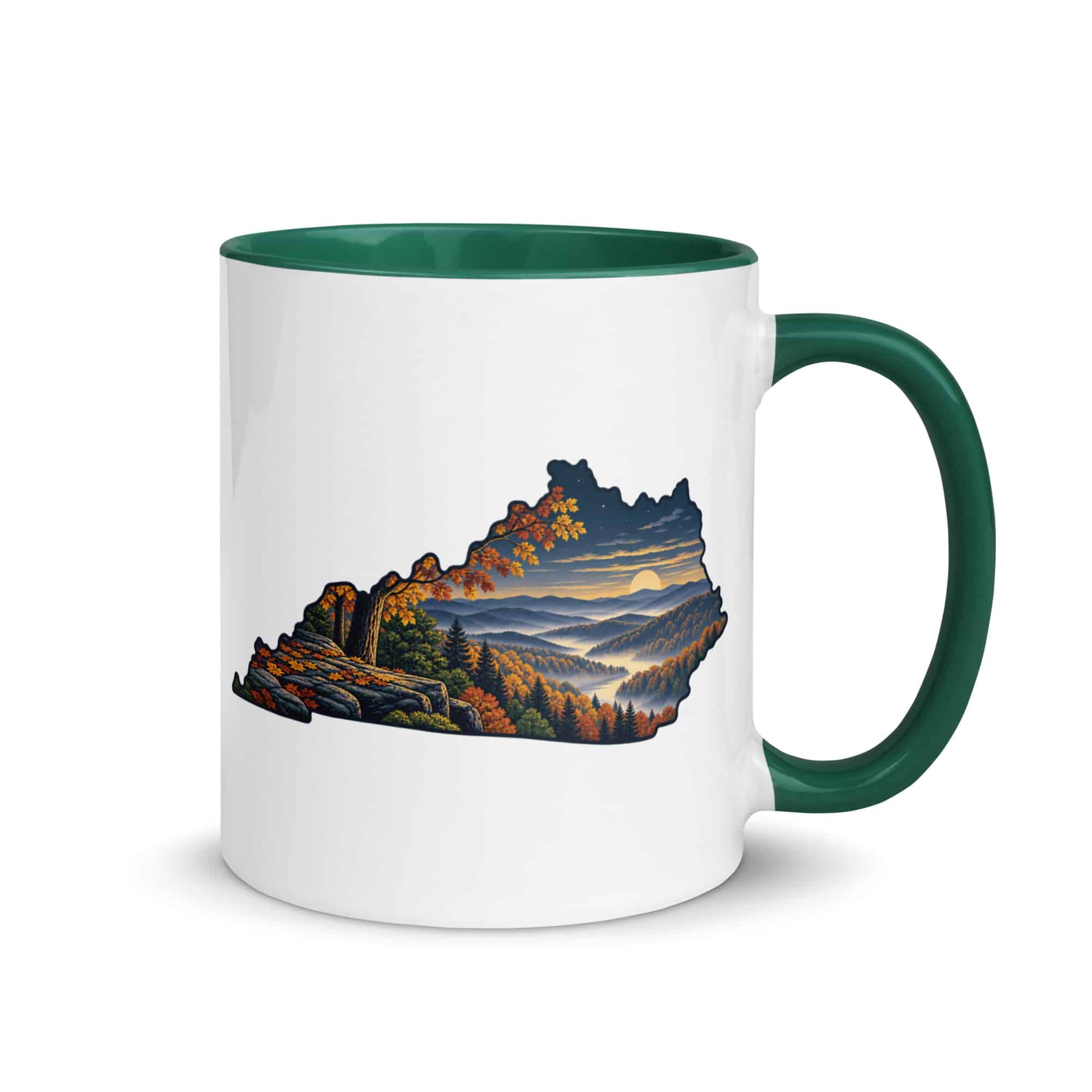 Kentucky Color Inside Coffee Mug: Autumn woodland, Illustrated Kentucky Silhouette