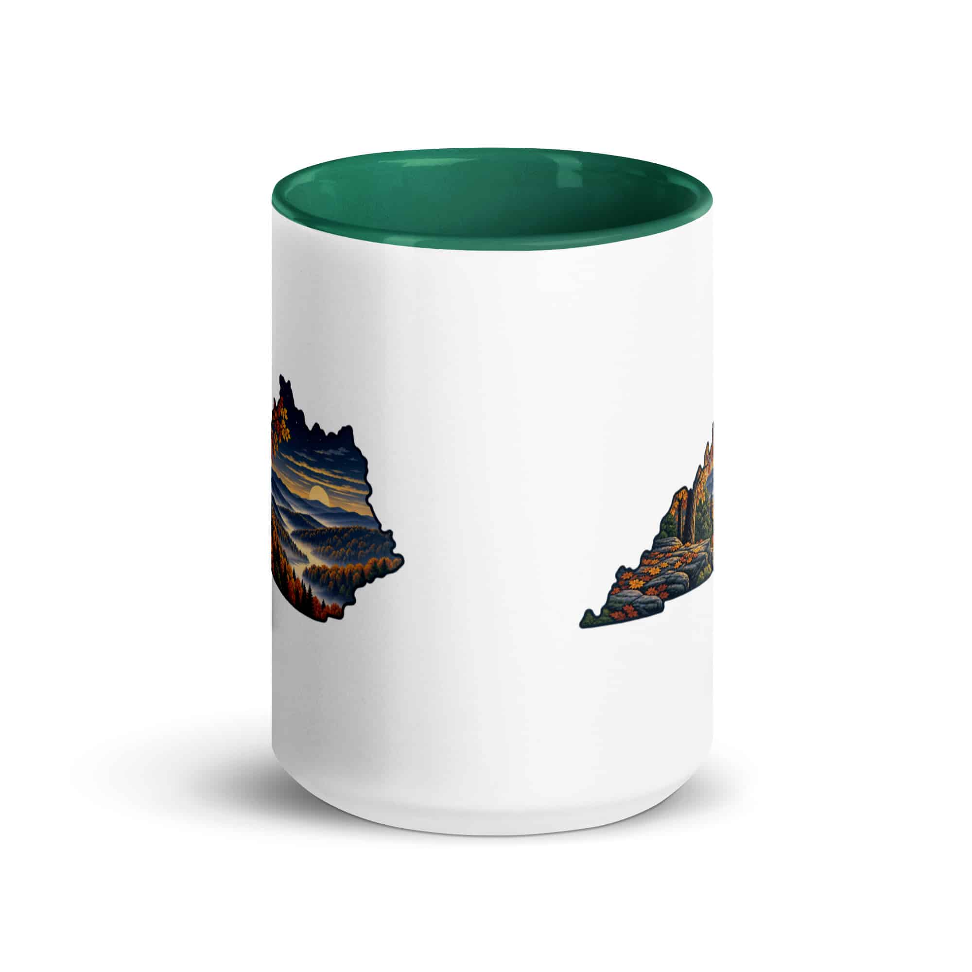 Kentucky Color Inside Coffee Mug: Autumn woodland, Illustrated Kentucky Silhouette