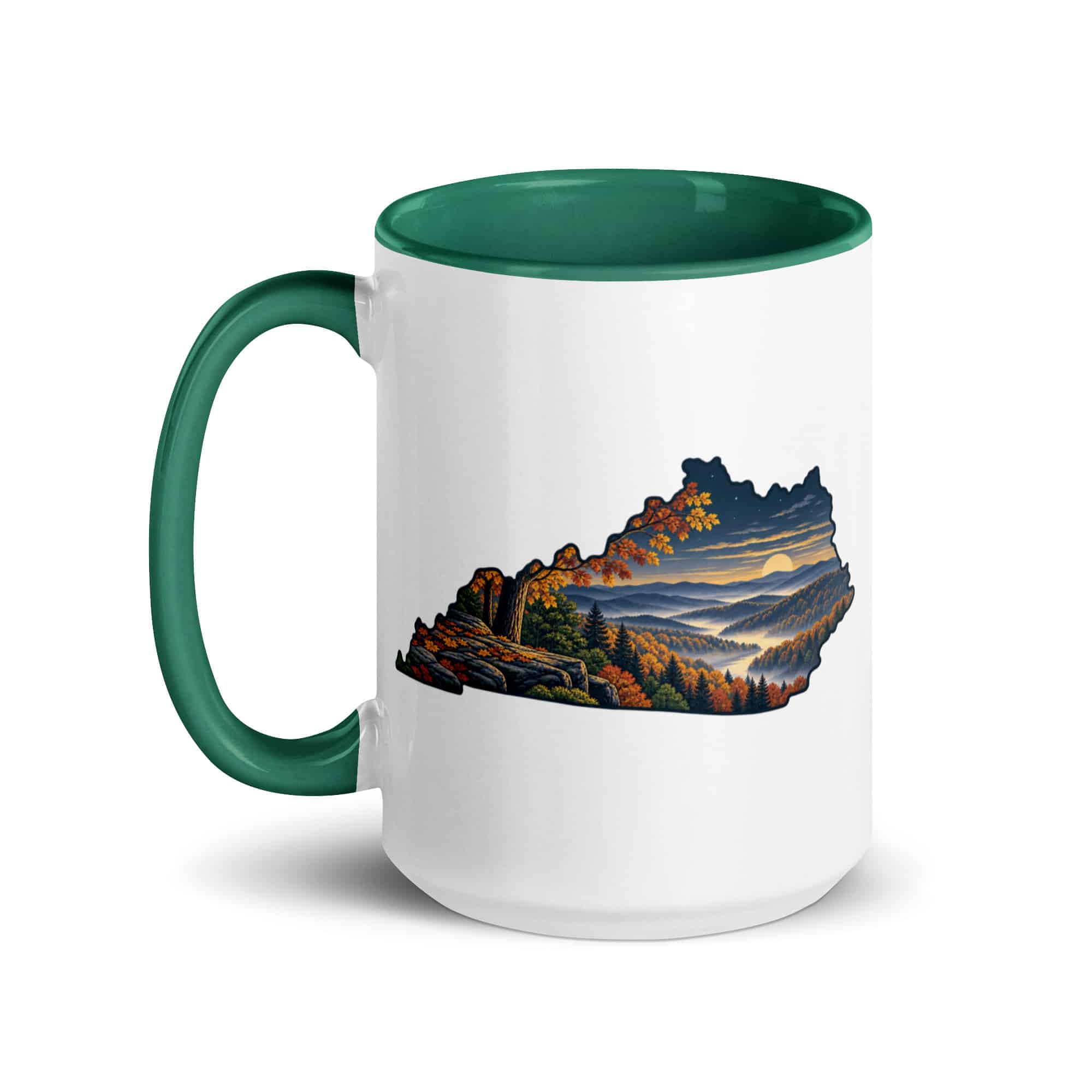 Kentucky Color Inside Coffee Mug: Autumn woodland, Illustrated Kentucky Silhouette