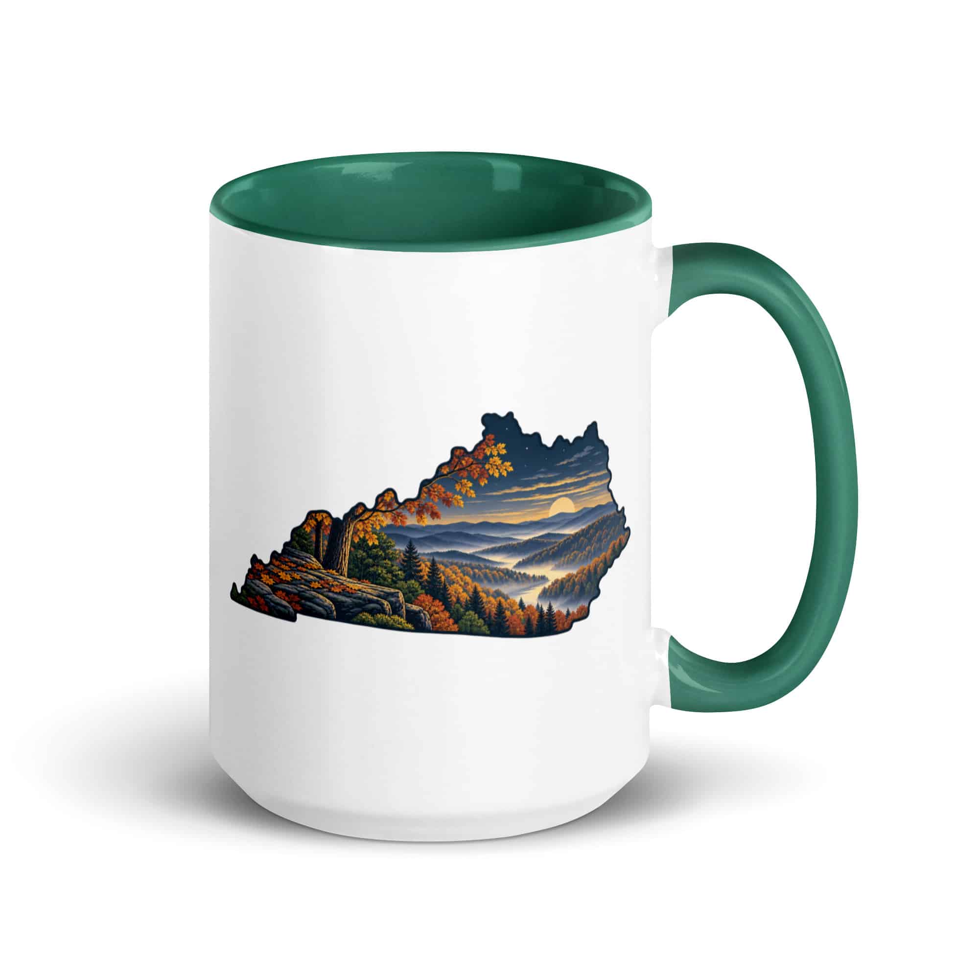 Kentucky Color Inside Coffee Mug: Autumn woodland, Illustrated Kentucky Silhouette