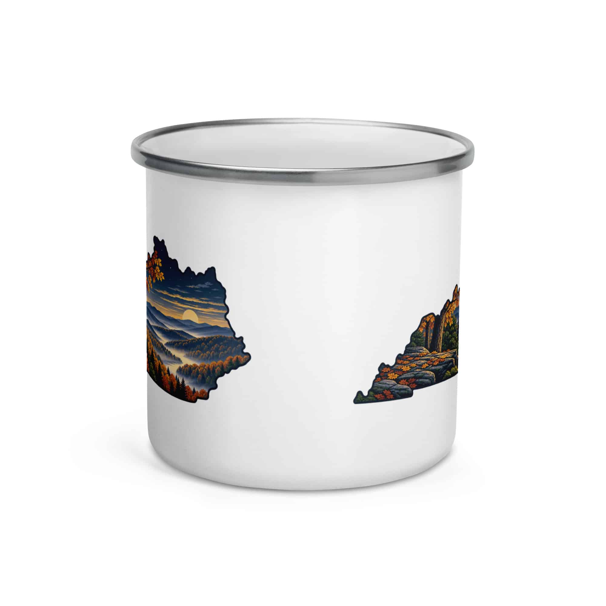 Kentucky Enamel Camp Mug: Autumn woodland, Illustrated Kentucky Silhouette