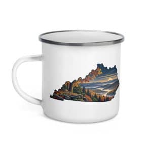Kentucky Enamel Camp Mug: Autumn woodland, Illustrated Kentucky Silhouette - 12 oz - Left