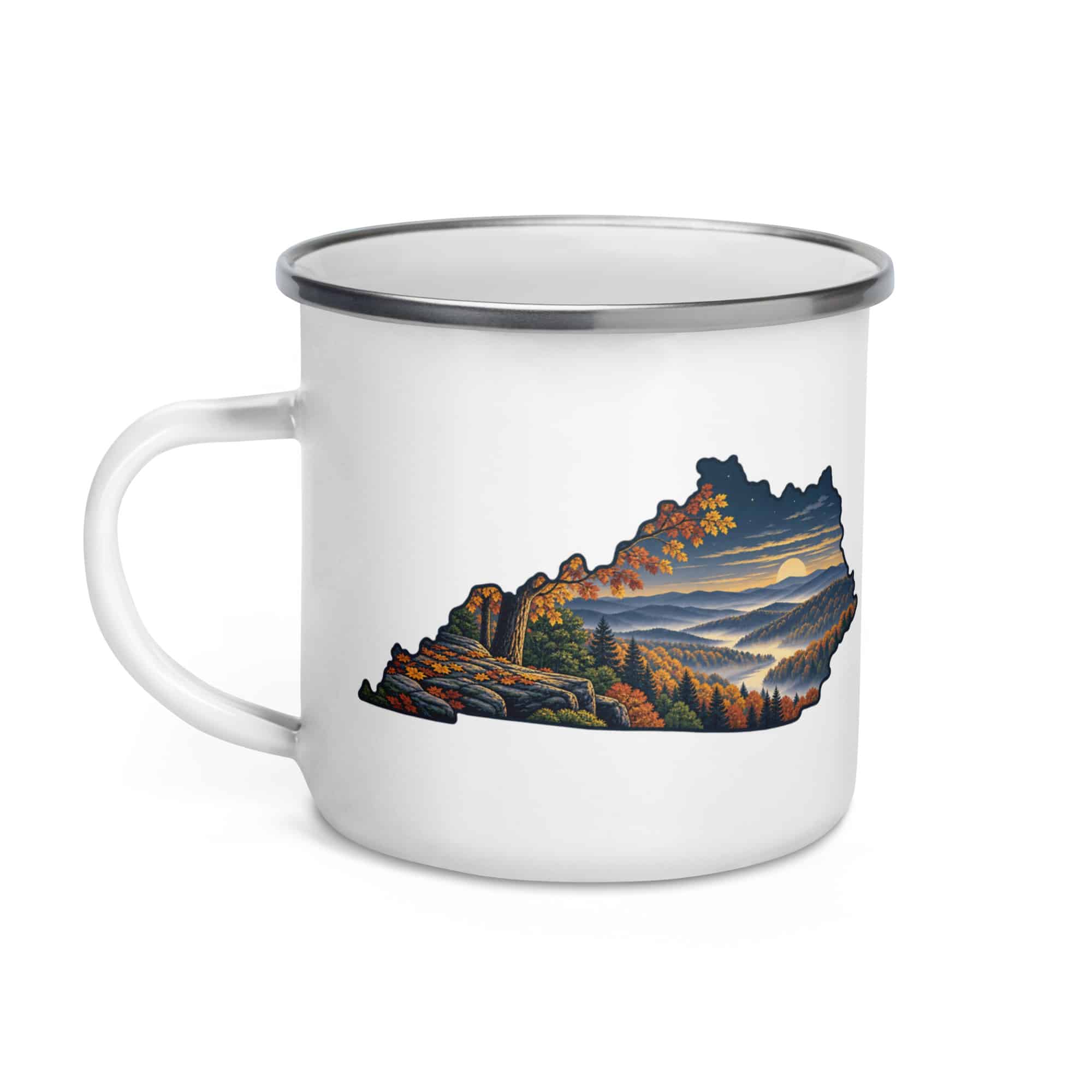 Kentucky Enamel Camp Mug: Autumn woodland, Illustrated Kentucky Silhouette
