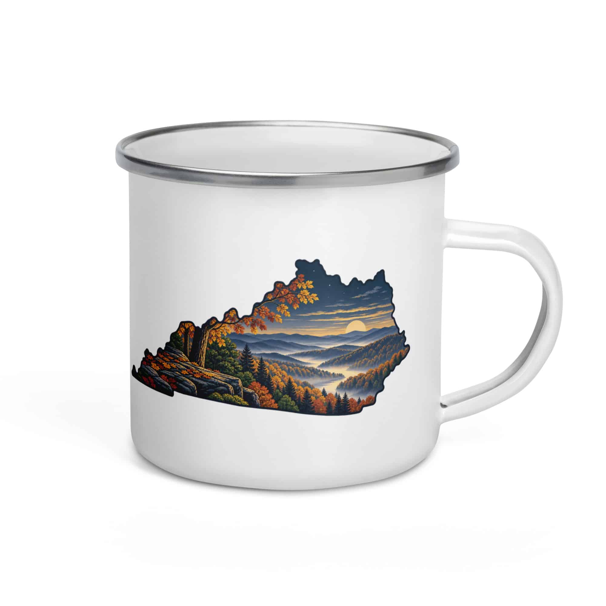 Kentucky Enamel Camp Mug: Autumn woodland, Illustrated Kentucky Silhouette
