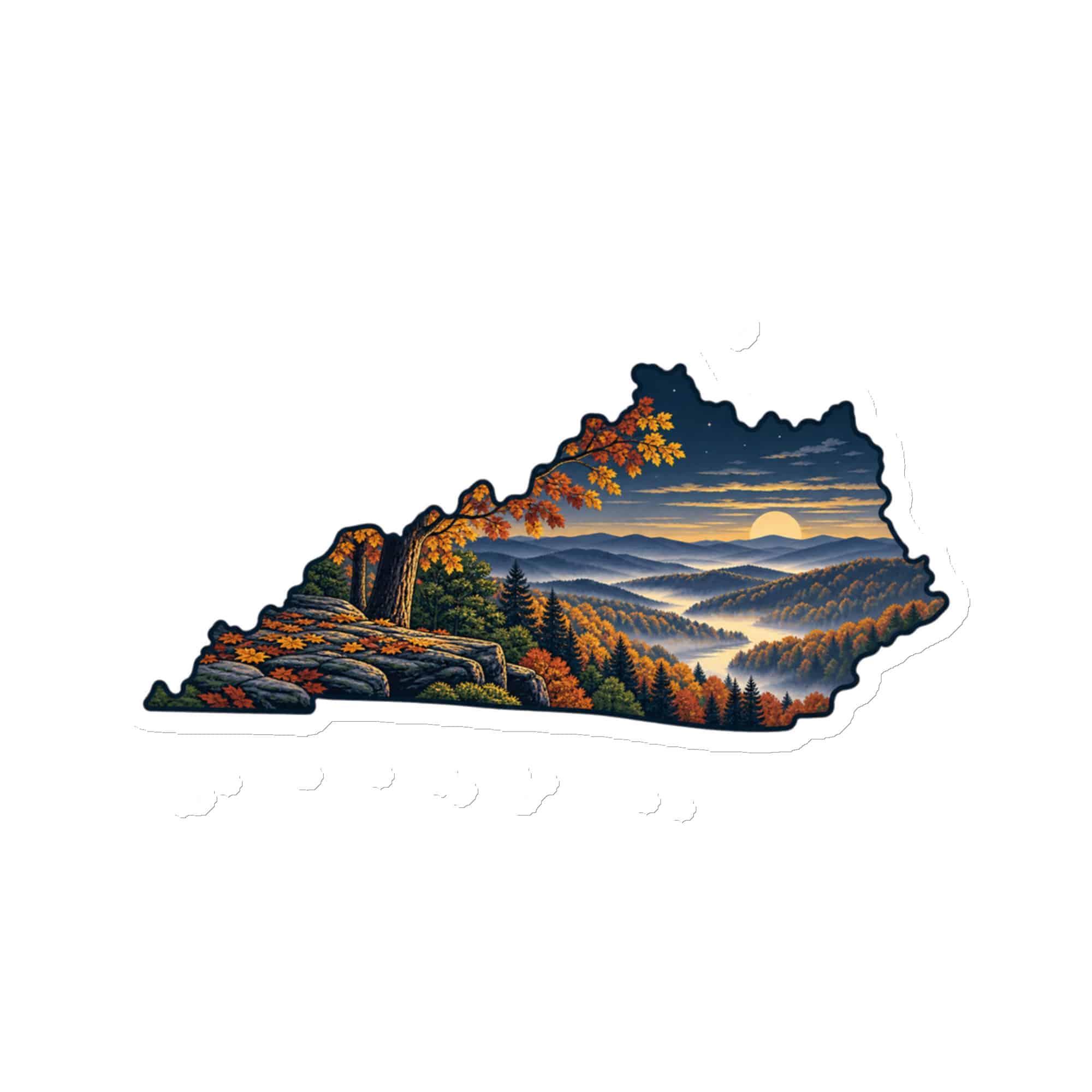 Kentucky Die-Cut Magnet: Autumn woodland, Illustrated Kentucky Silhouette