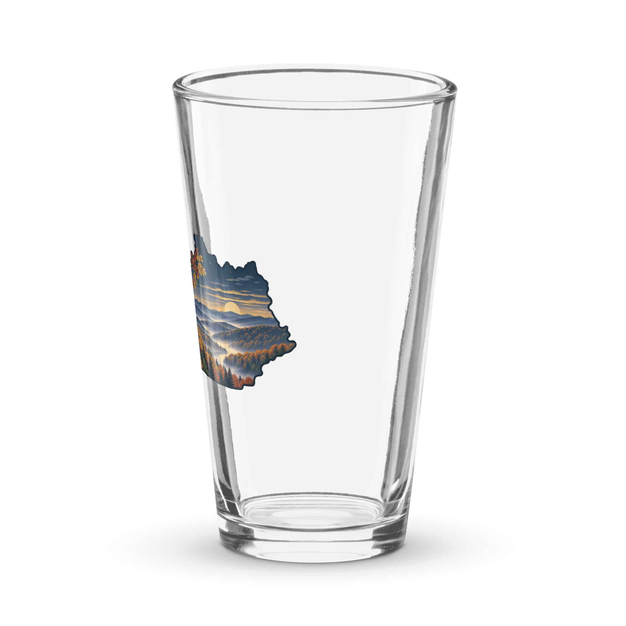 Kentucky Pint Glass: Autumn woodland, Illustrated Kentucky Silhouette