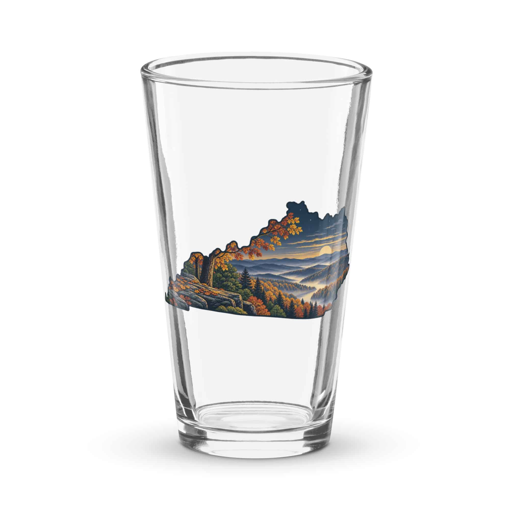 Kentucky Pint Glass: Autumn woodland, Illustrated Kentucky Silhouette