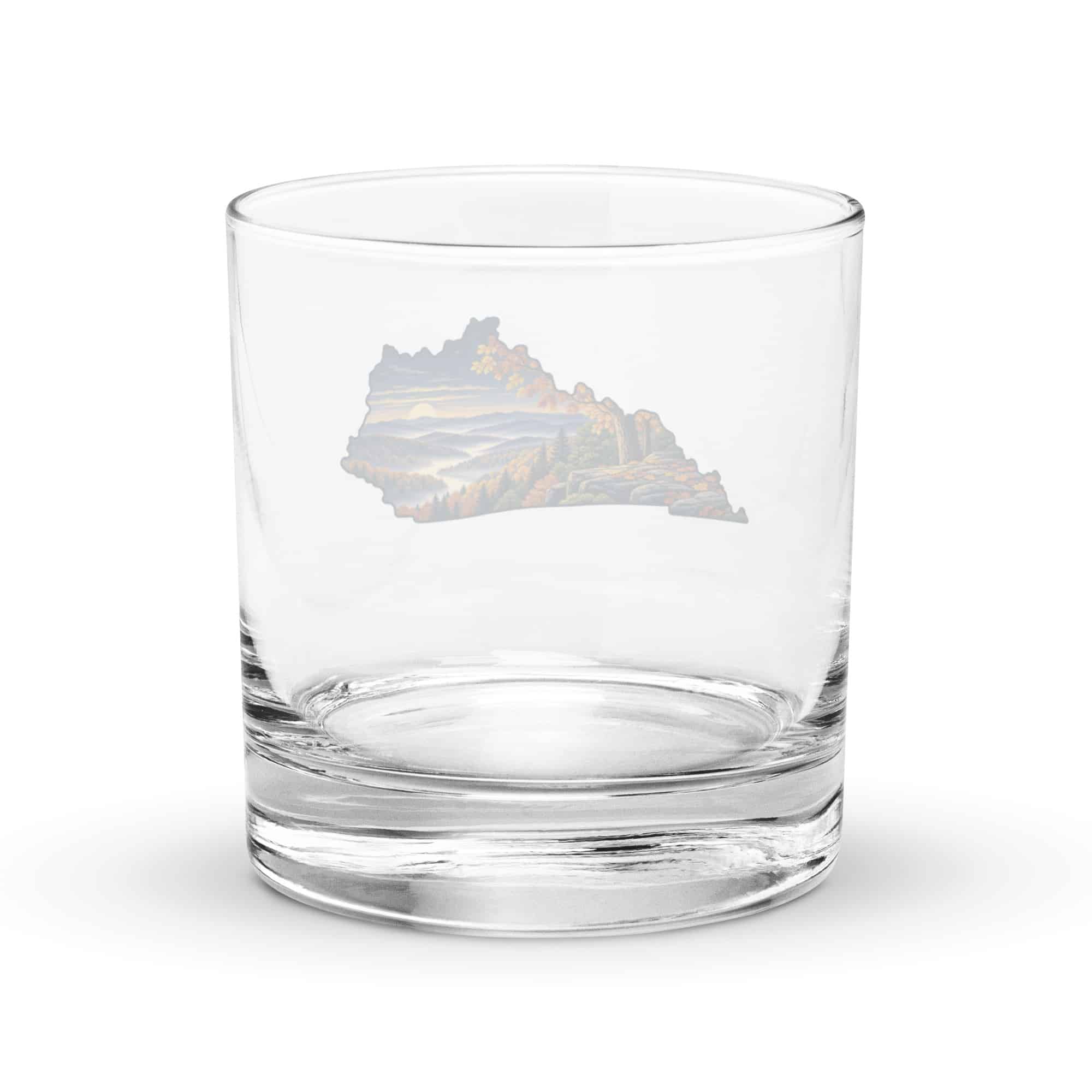 Kentucky Rocks Glass: Autumn woodland, Illustrated Kentucky Silhouette