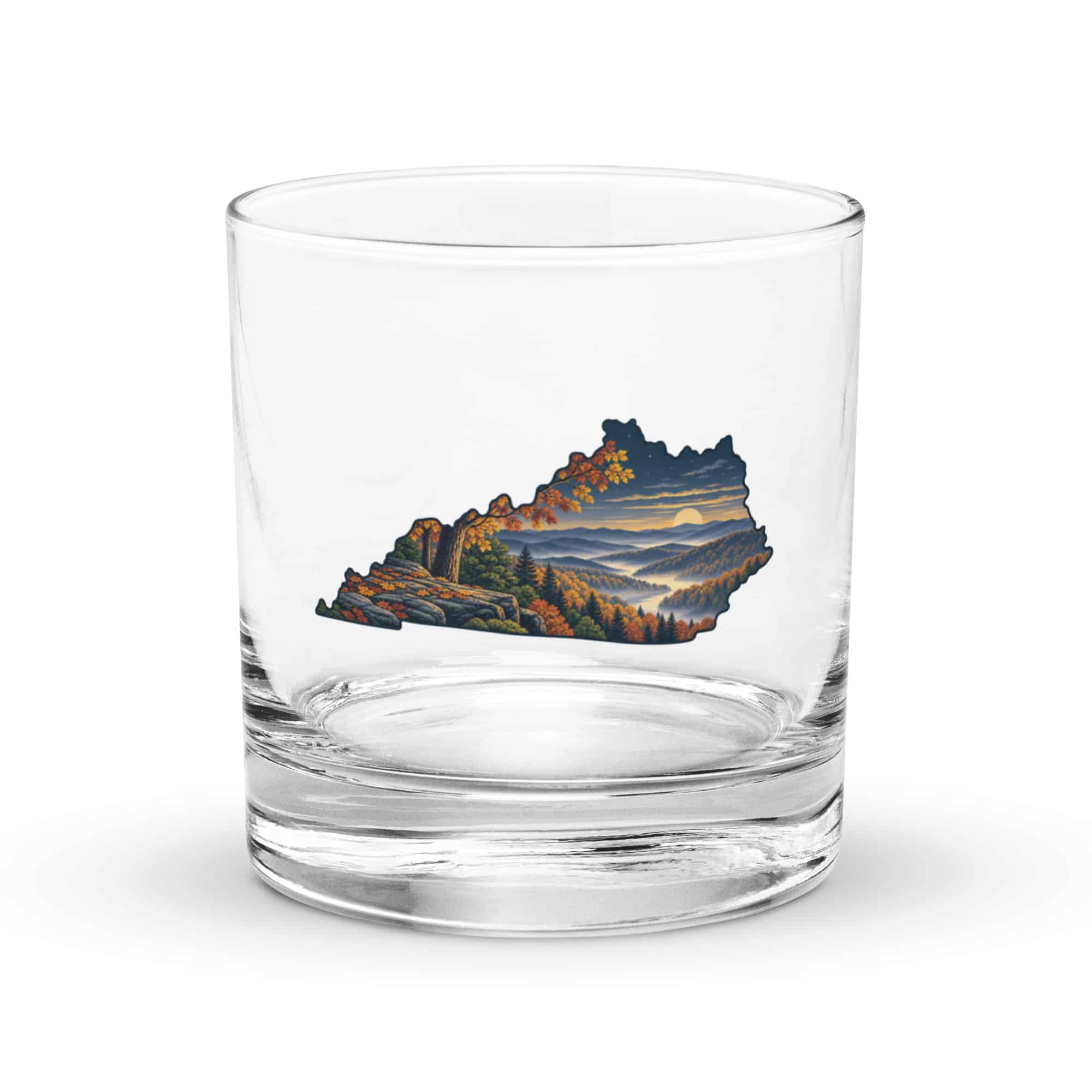 Kentucky Rocks Glass: Autumn woodland, Illustrated Kentucky Silhouette
