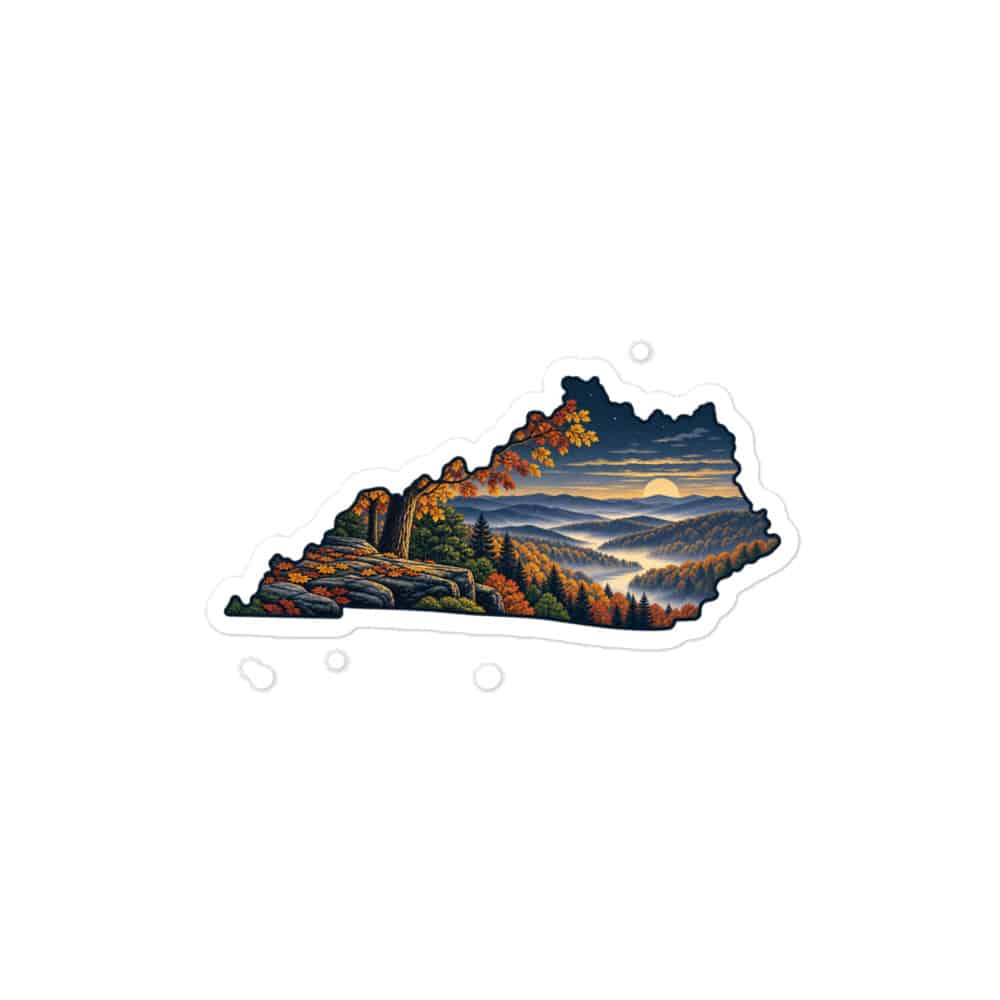 Kentucky Vinyl Sticker: Autumn woodland, Illustrated Kentucky Silhouette