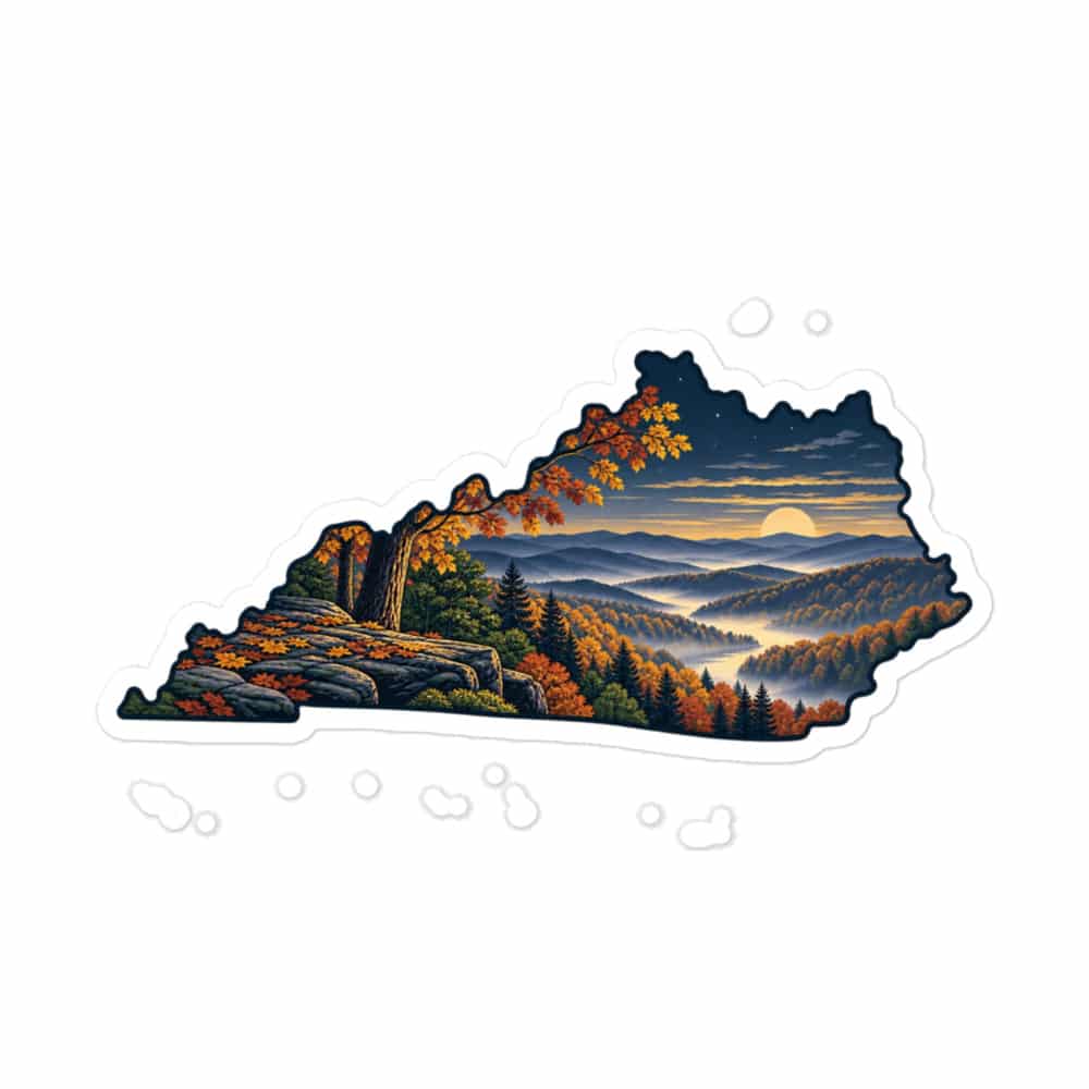 Kentucky Vinyl Sticker: Autumn woodland, Illustrated Kentucky Silhouette