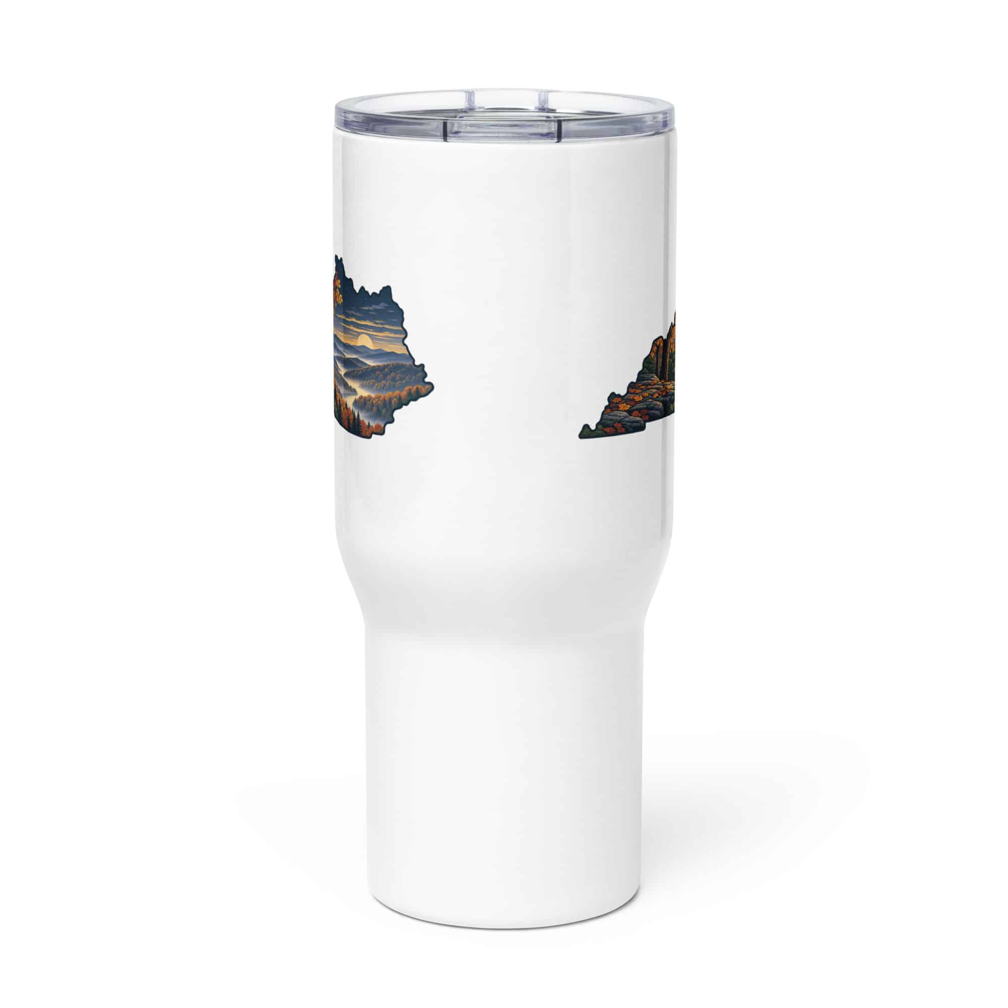 Kentucky Travel Mug: Autumn woodland, Illustrated Kentucky Silhouette