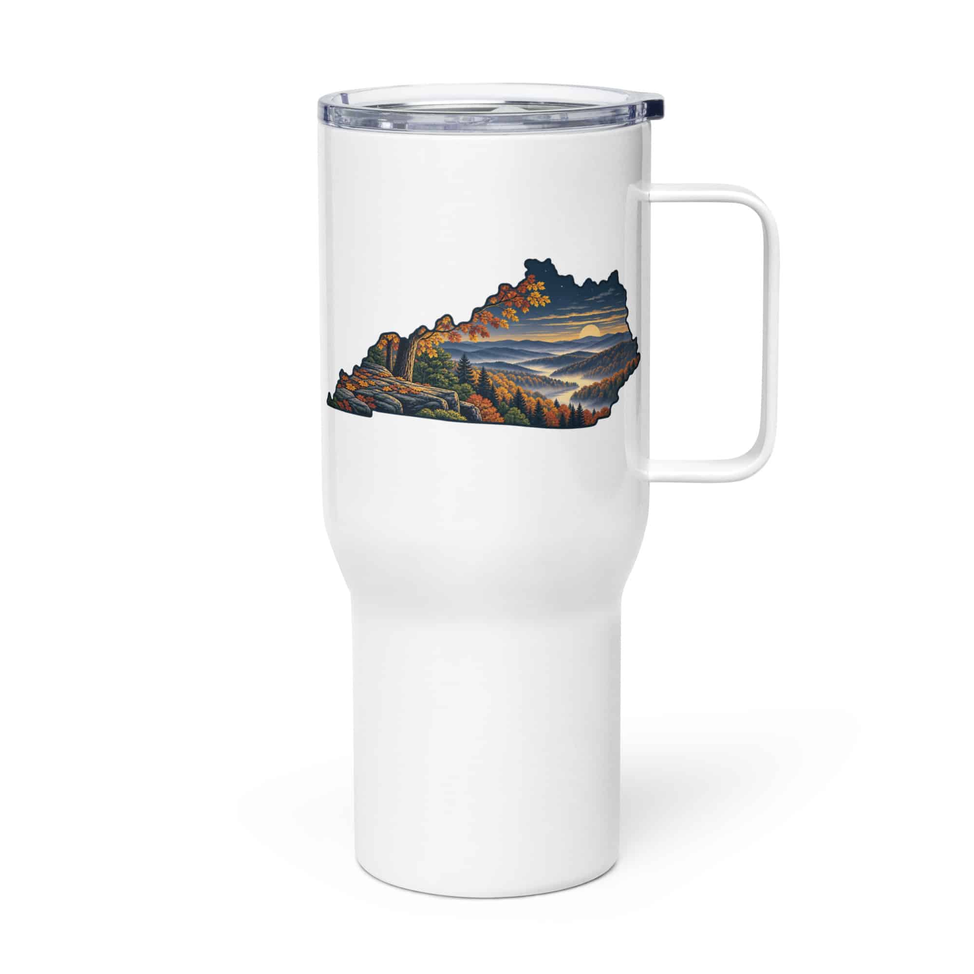 Kentucky Travel Mug: Autumn woodland, Illustrated Kentucky Silhouette