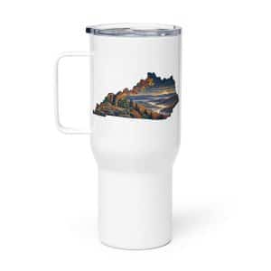 Kentucky Travel Mug: Autumn woodland, Illustrated Kentucky Silhouette - 25 oz - Main