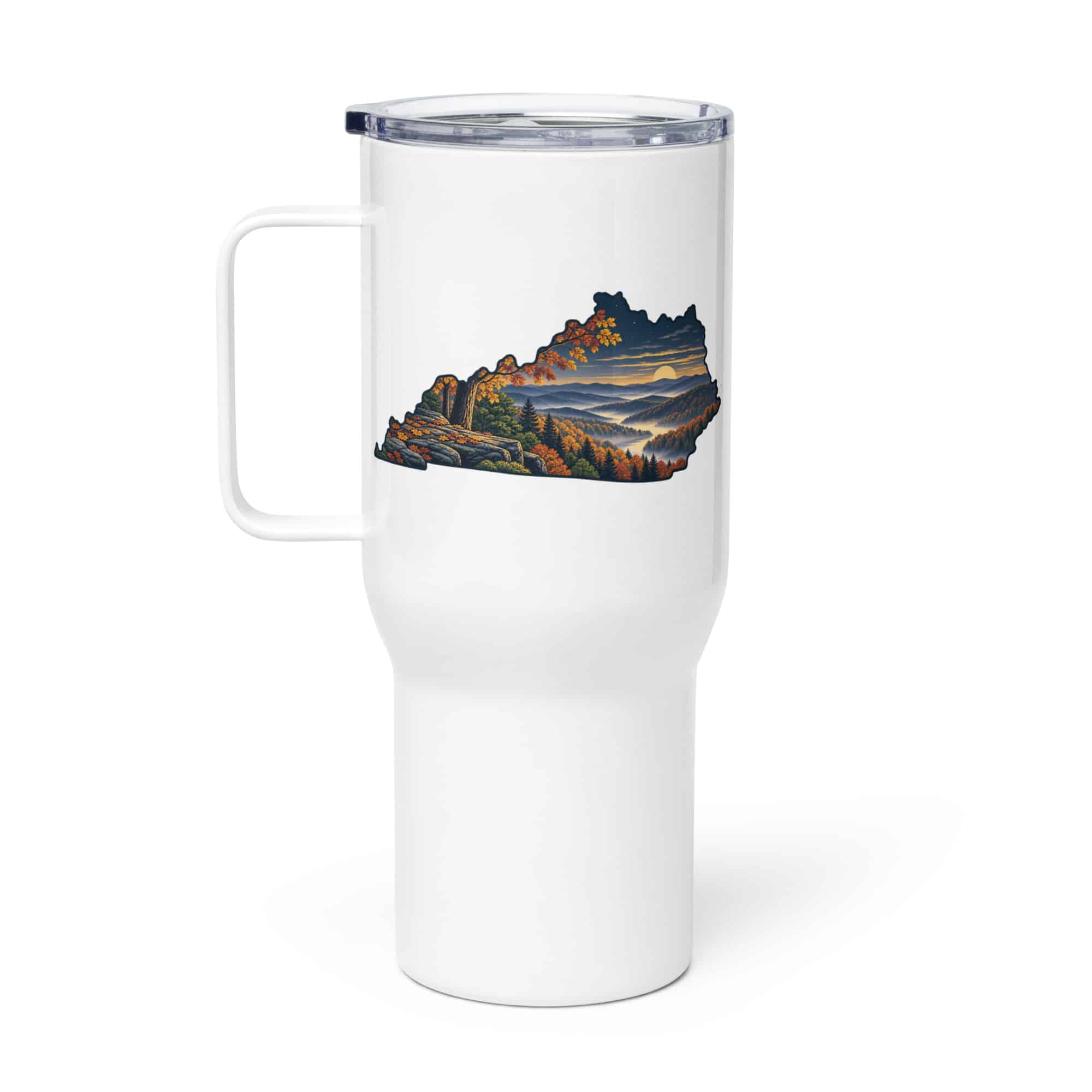 Kentucky Travel Mug: Autumn woodland, Illustrated Kentucky Silhouette